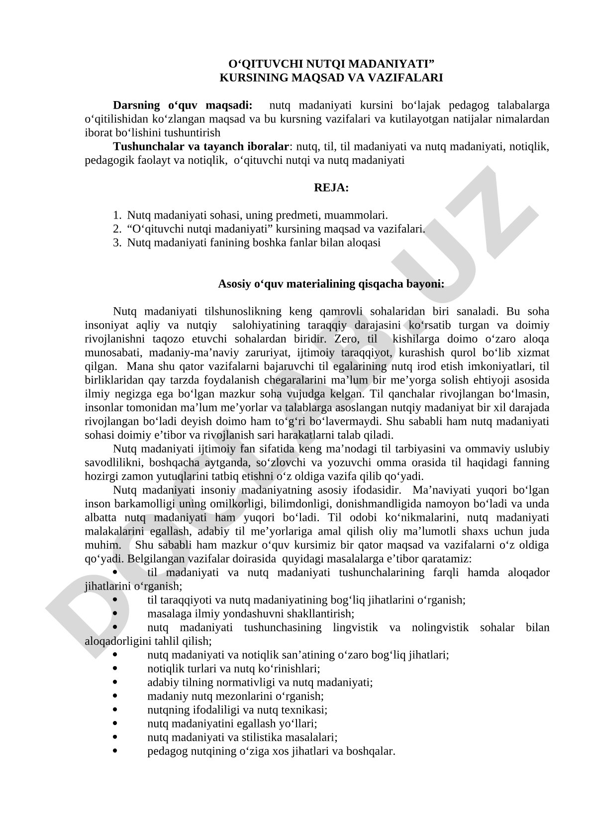 O'qituvchi nutqi madaniyati kursining maqsad va vazifalari
