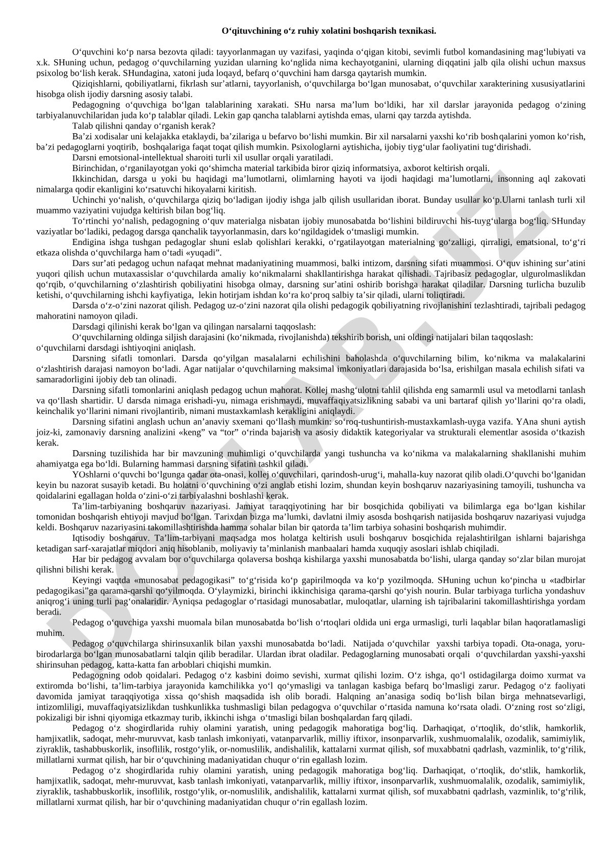 O‘qituvchining o‘z ruhiy xolatini boshqarish texnikasi