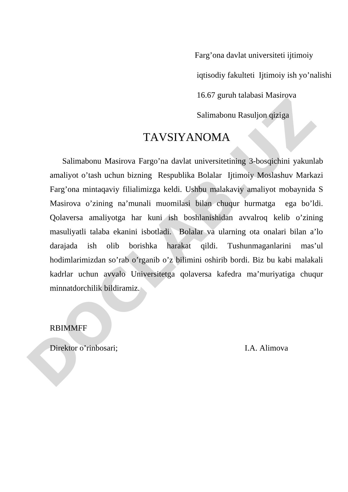 Masirova Salimabonu Rasuljon qiziga tavsiyanoma