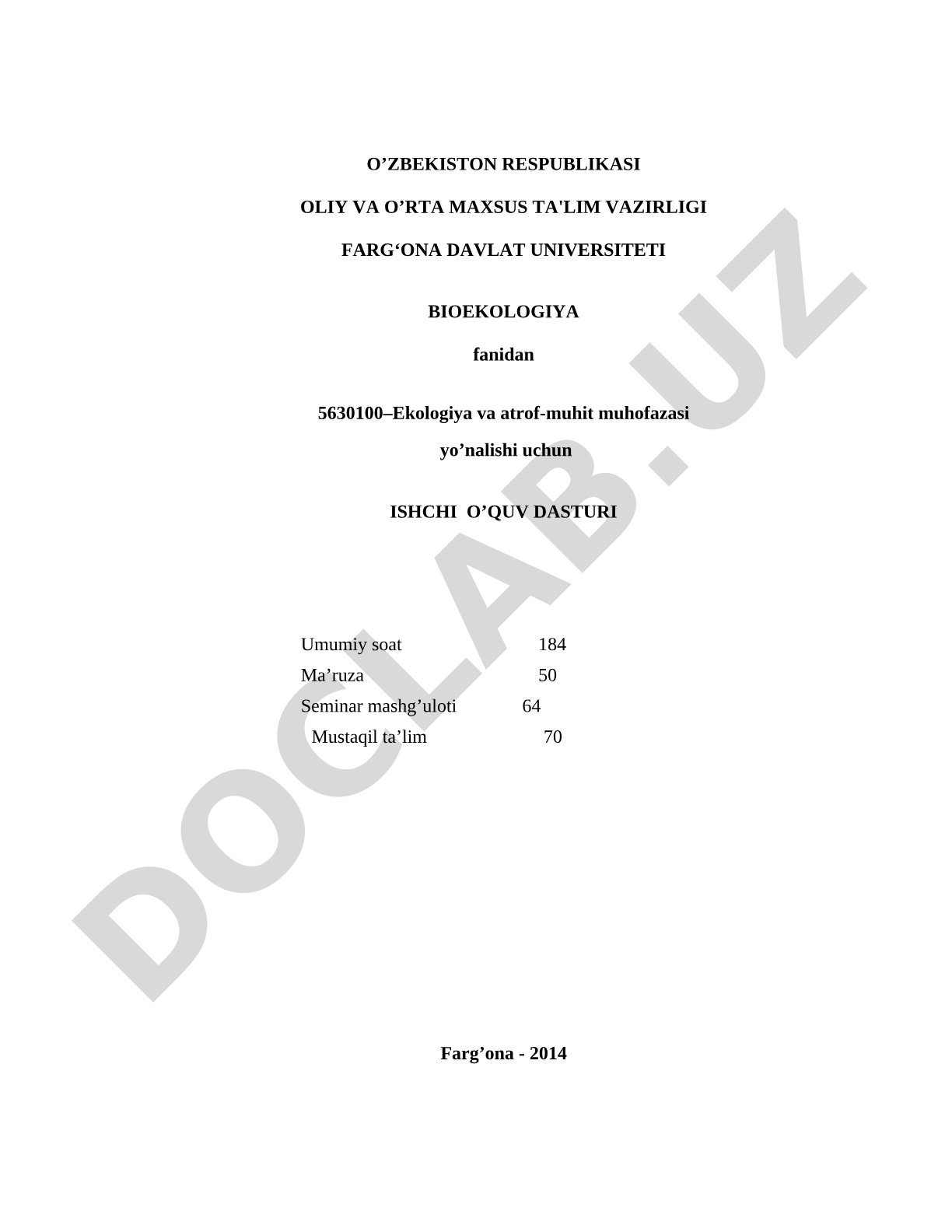Bioekologiya fanidan ishchi o'quv dasturi