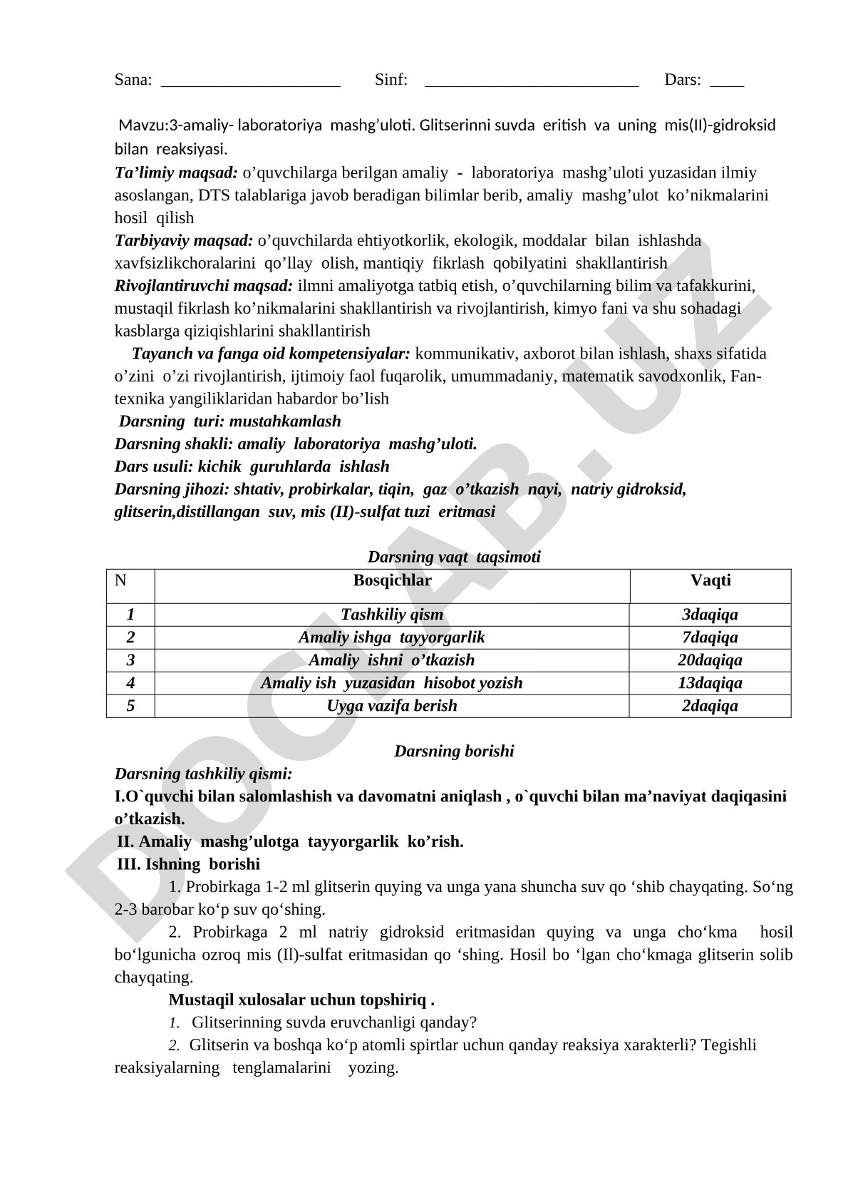 Glitserinni suvda eritish va uning mis(II)-gidroksid bilan reaksiyasi