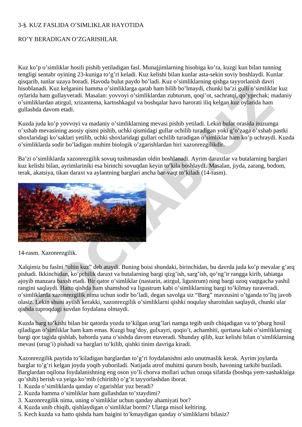 Kuz faslida o'simliklar hayotida ro'y beradigan o'zgarishlar