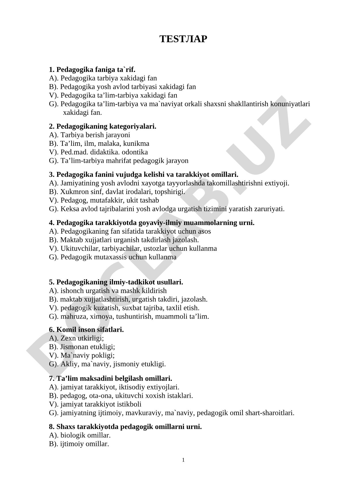 Pedagogika faniga oid test savollari