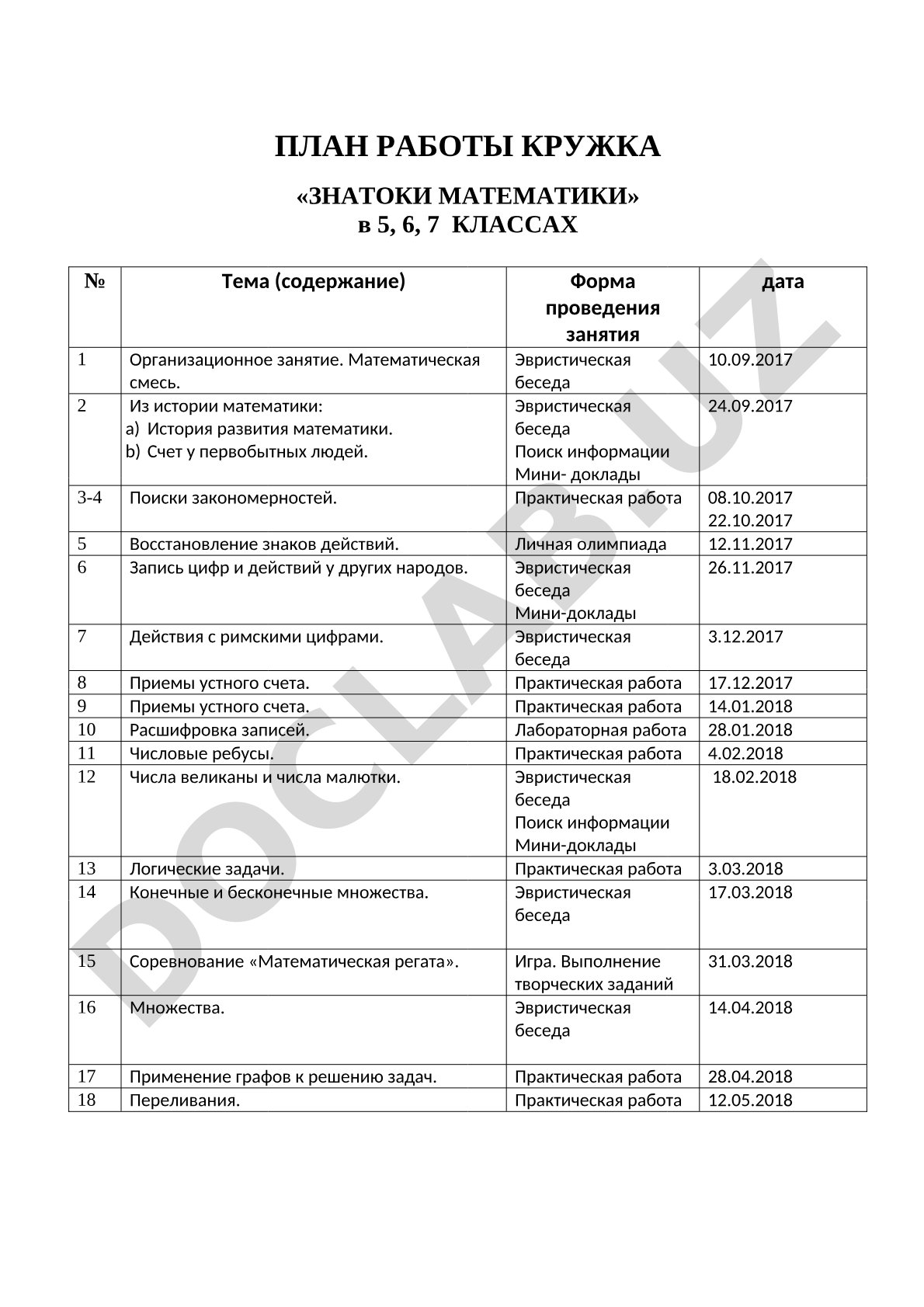 План работы кружка «Знатоки математики» в 5, 6, 7 классах