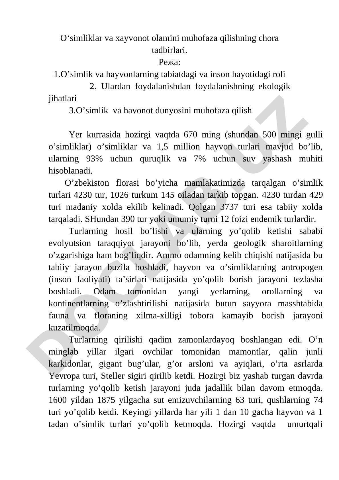 O‘simliklar va hayvonot olamini muhofaza qilishning chora tadbirlari