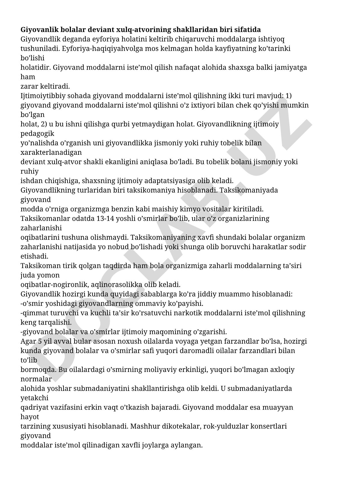 Giyovandlik bolalar deviant xulq-atvorining shakllaridan biri sifatida