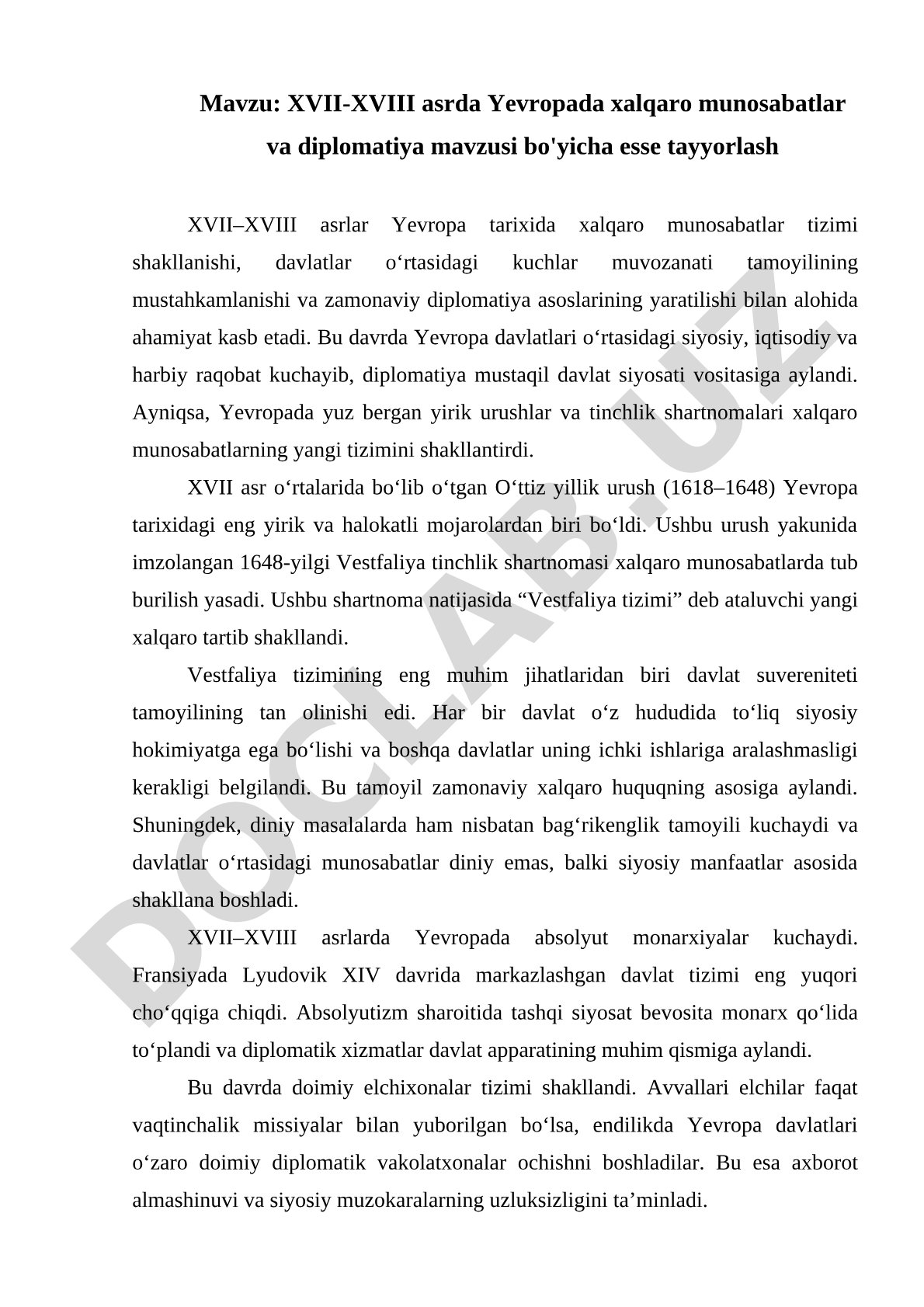 XVII-XVIII asrda Yevropada xalqaro munosabatlar va diplomatiya