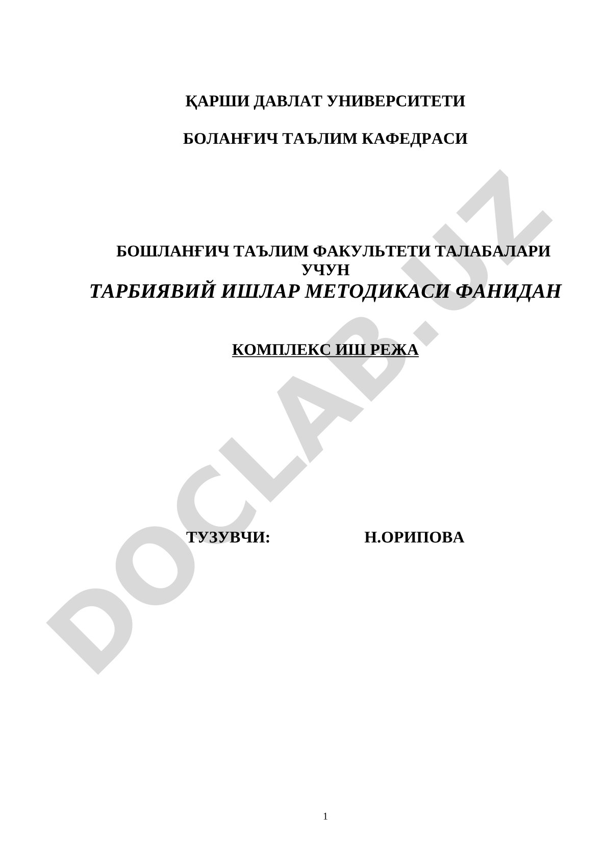 Tarbiyaviy ishlar metodikasi fanidan ishchi dastur