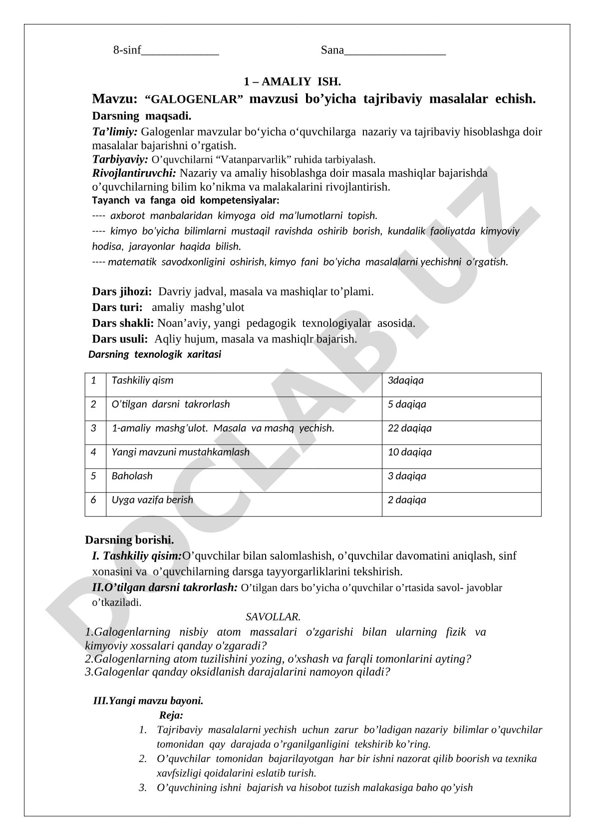 Galogenlar mavzusi bo'yicha tajribaviy masalalar echish