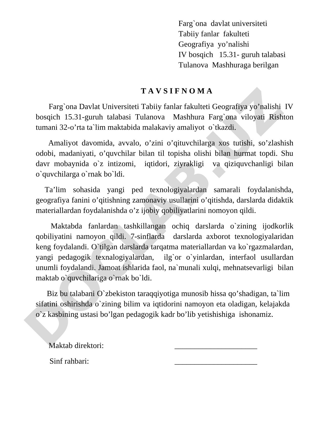 Tulanova Mashhuraning malakaviy amaliyot tavsifnomasi