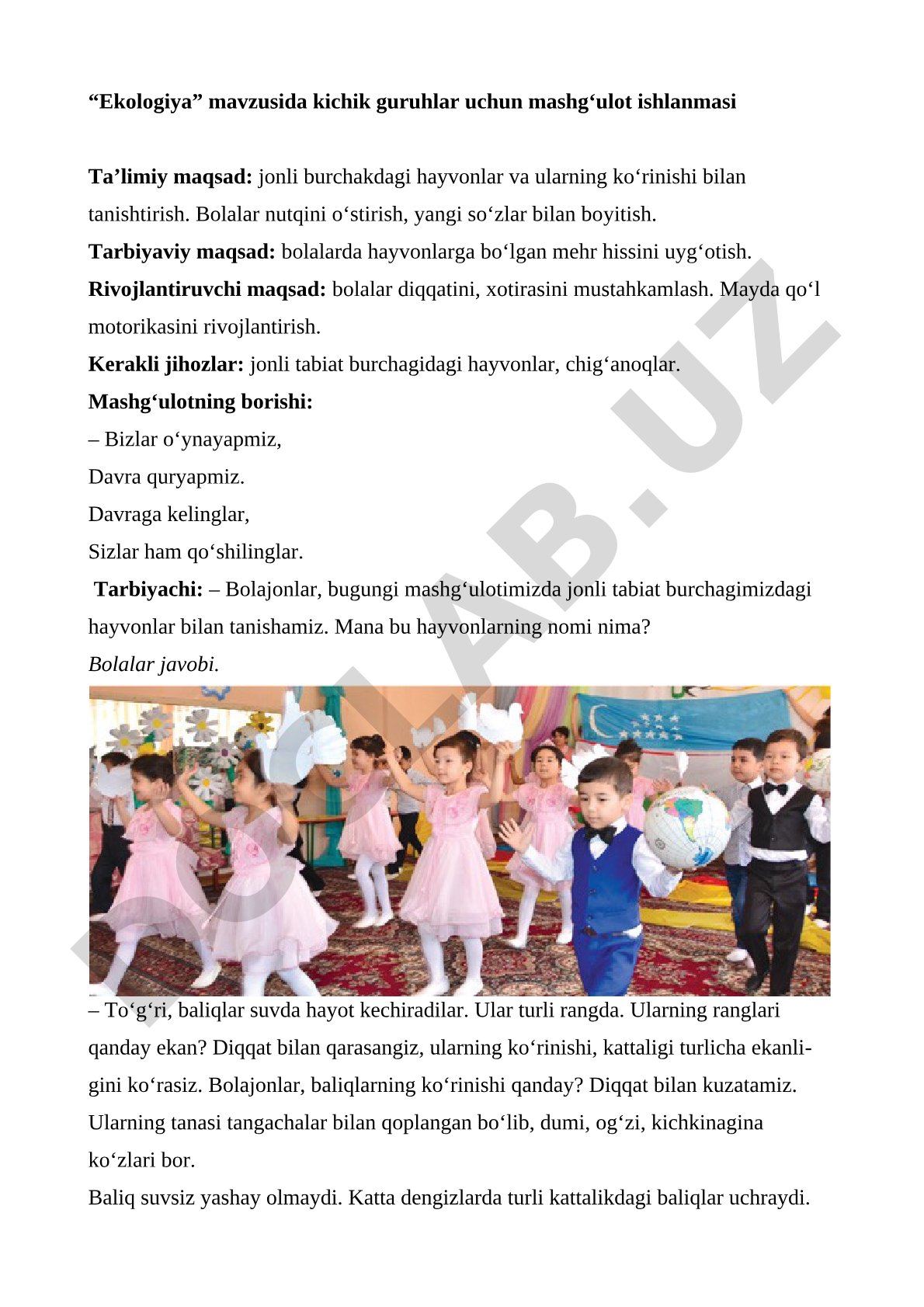Ekologiya mavzusida kichik guruhlar uchun mashg‘ulot ishlanmasi