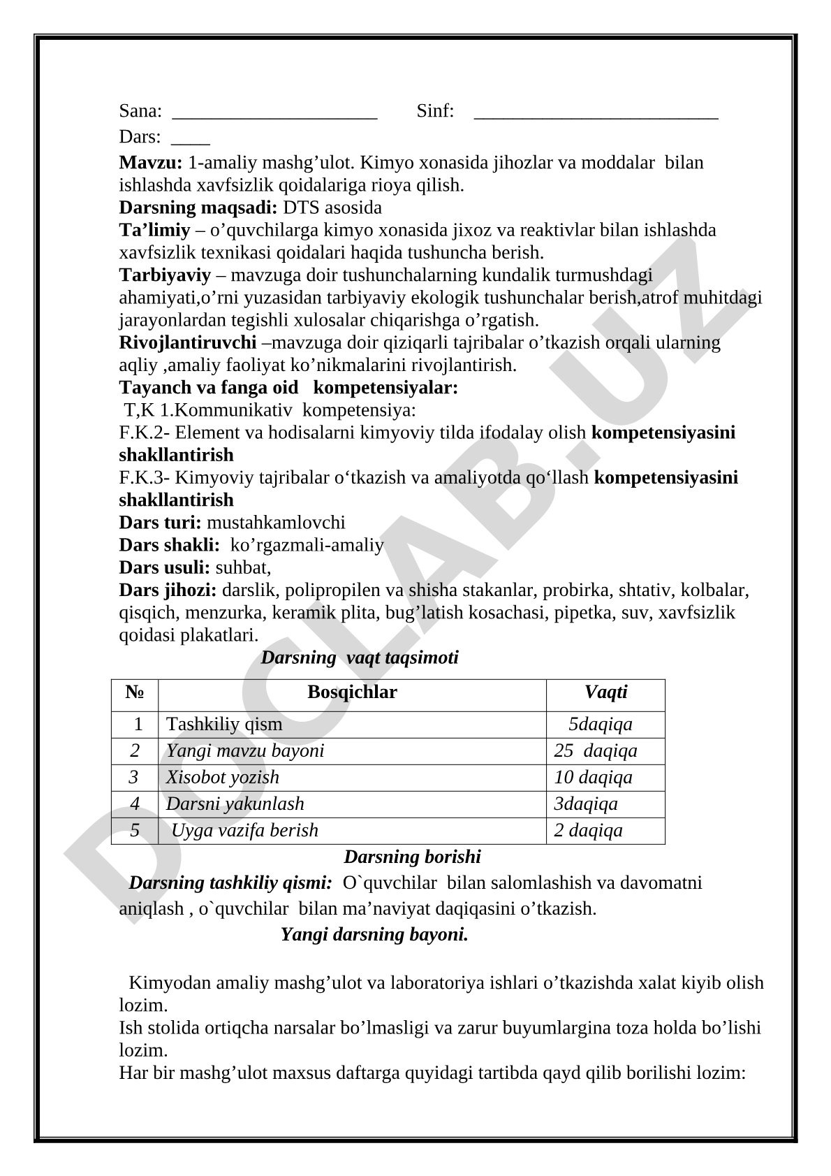 Kimyo xonasida jihozlar va moddalar bilan ishlashda xavfsizlik qoidalari