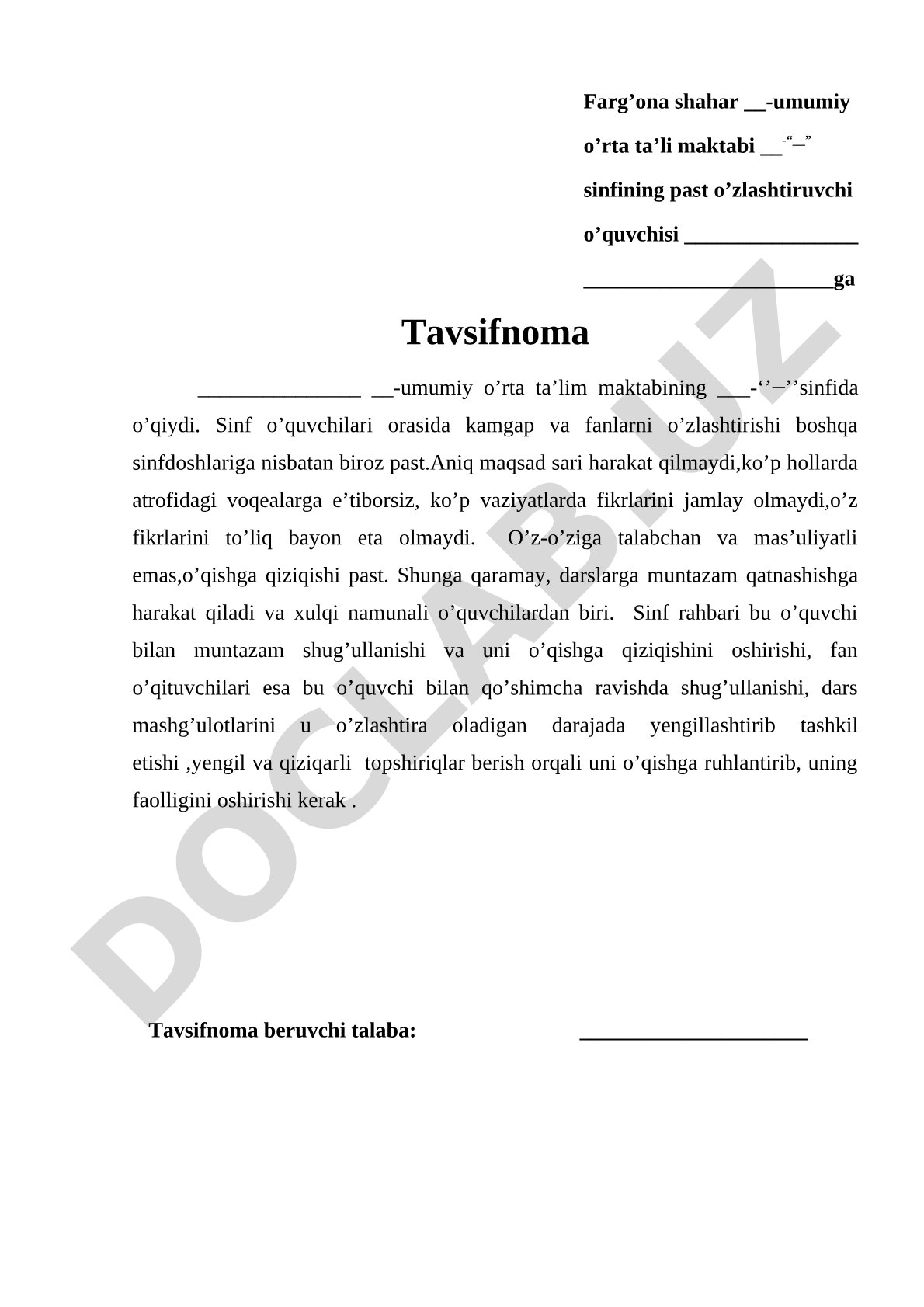 Past o'zlashtiruvchi o'quvchiga tavsifnoma