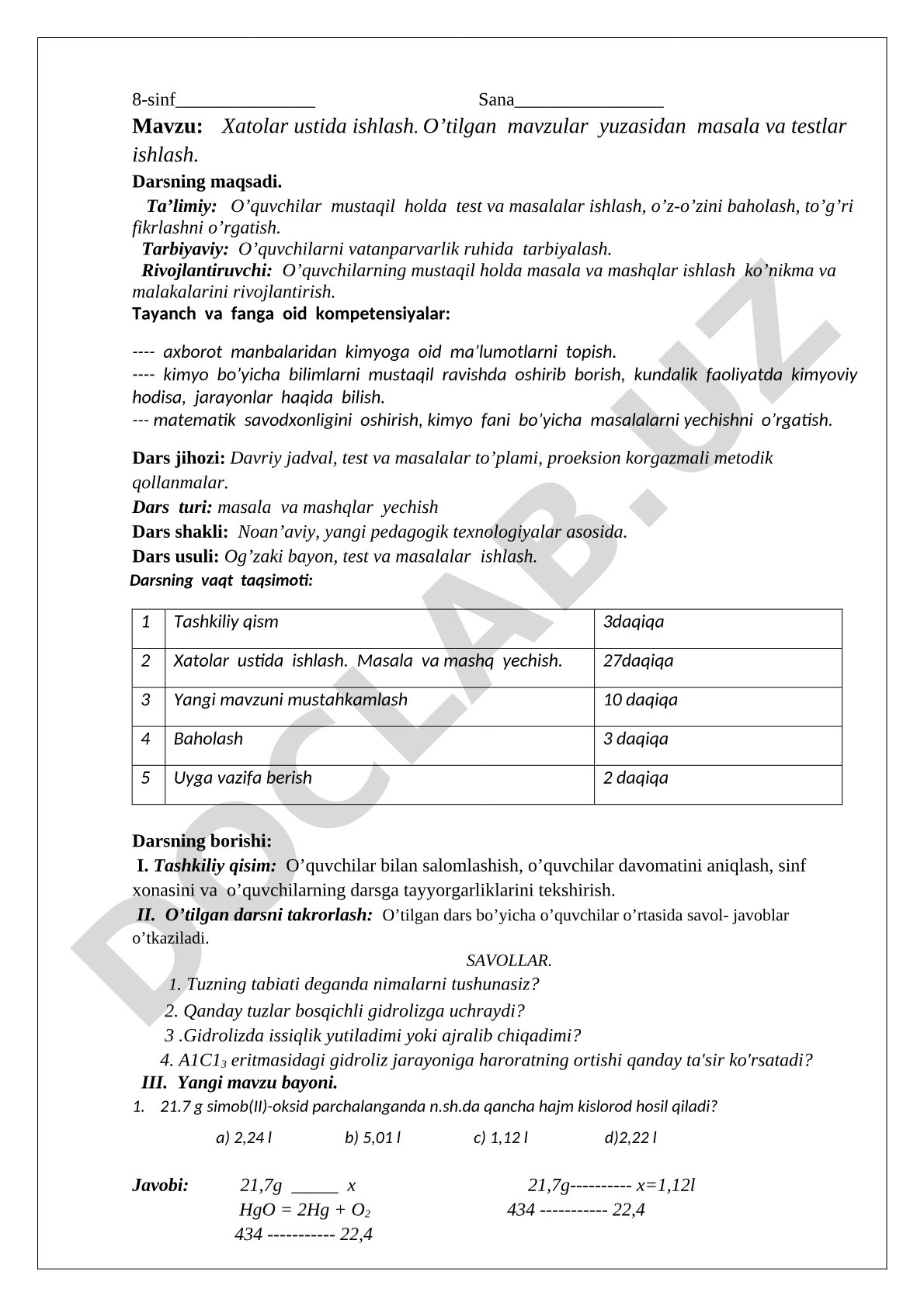 Xatolar ustida ishlash. O'tilgan mavzular yuzasidan masala va testlar ishlash