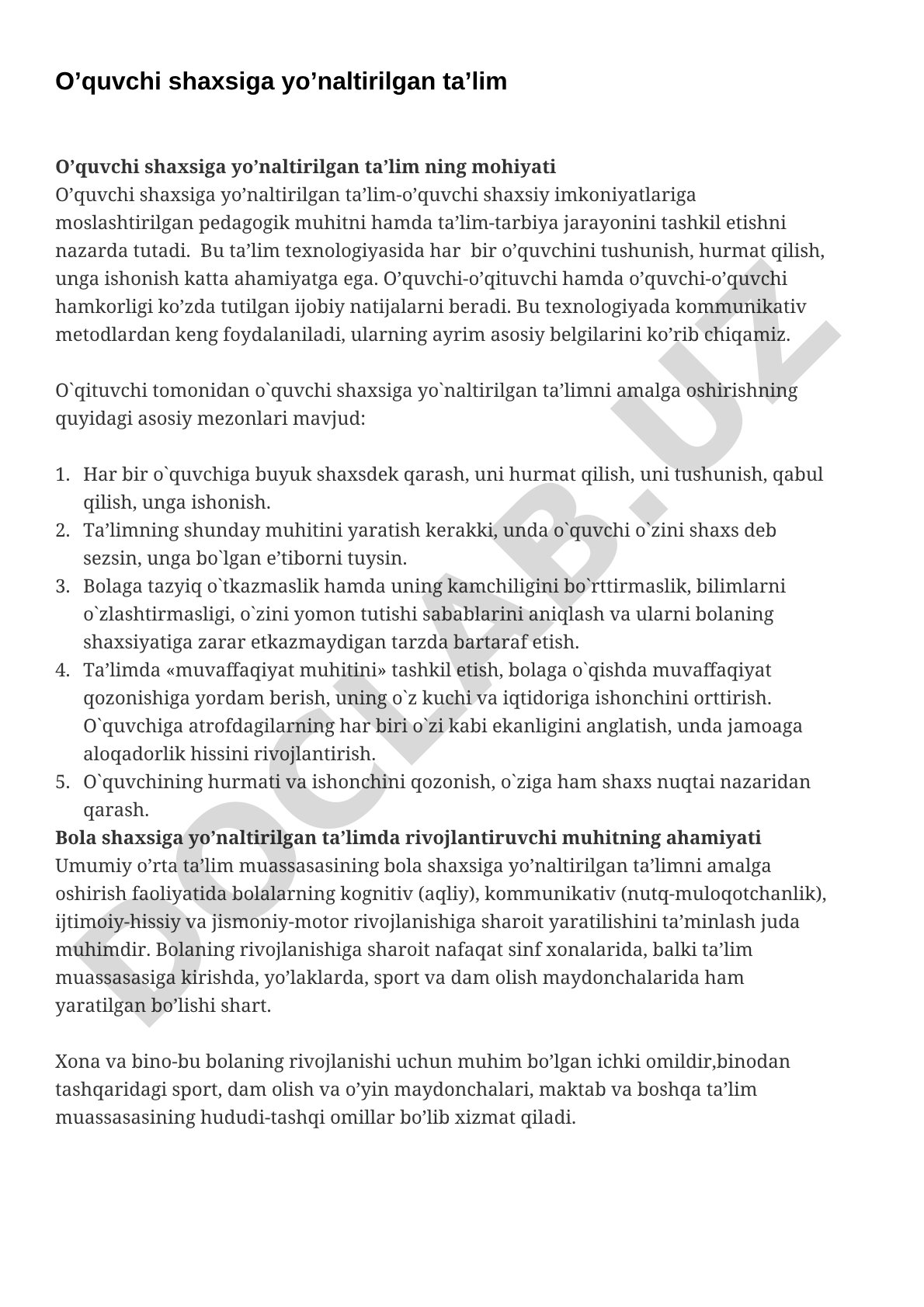 O'quvchi shaxsiga yo'naltirilgan ta'lim