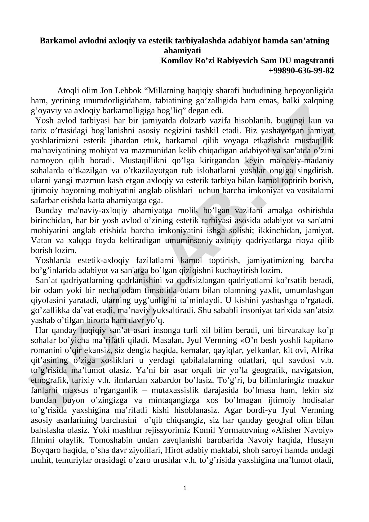 Barkamol avlodni axloqiy va estetik tarbiyalashda adabiyot hamda san’atning ahamiyati