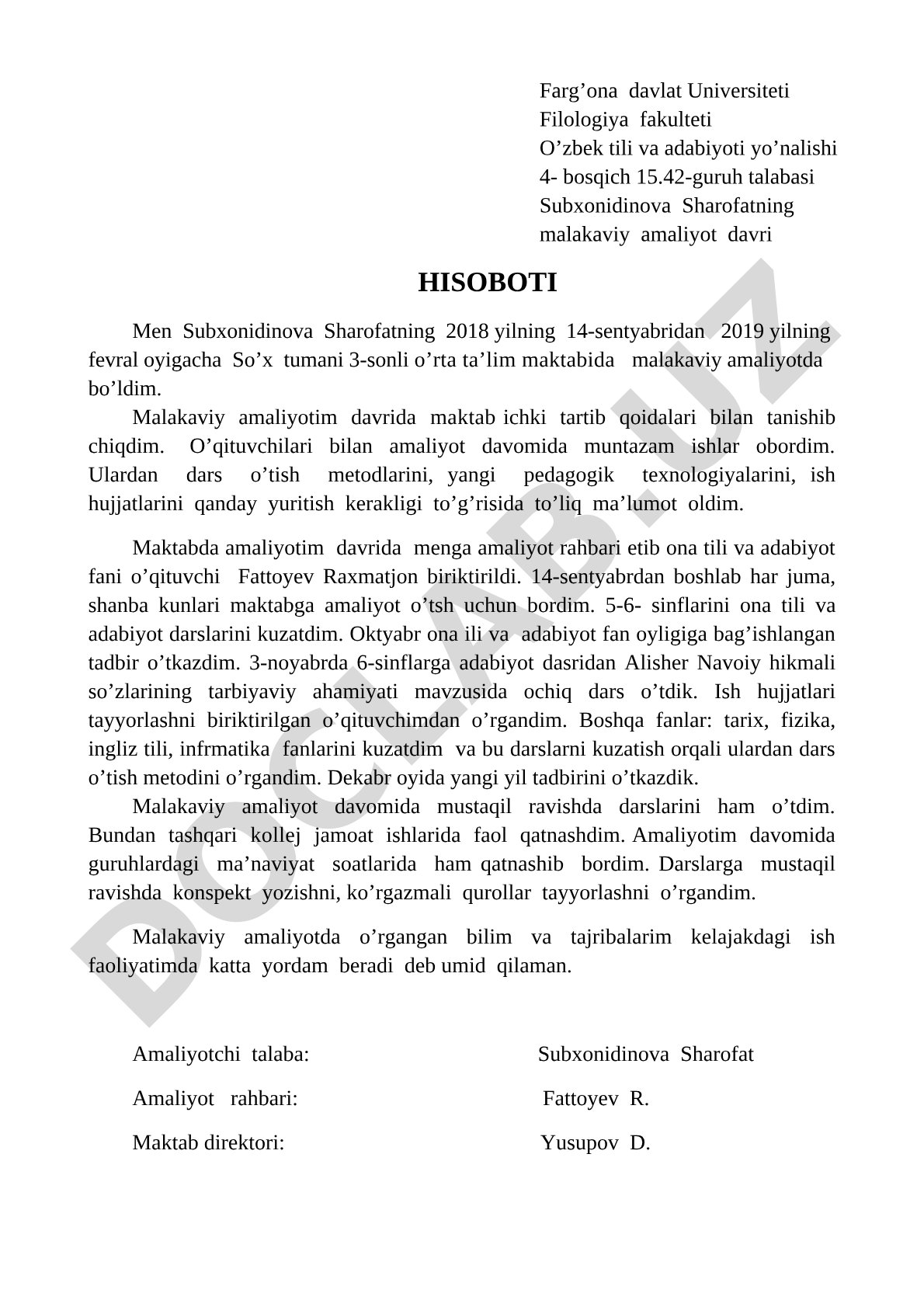 Malakaviy amaliyot hisoboti
