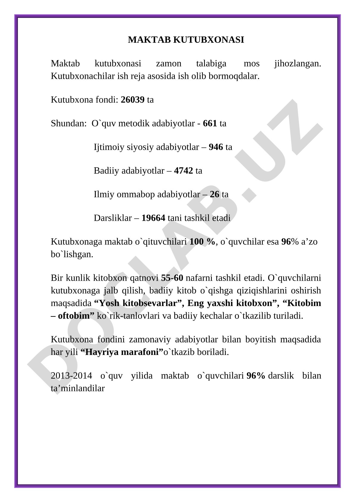 Maktab kutubxonasi faoliyati va fondi haqida ma'lumot
