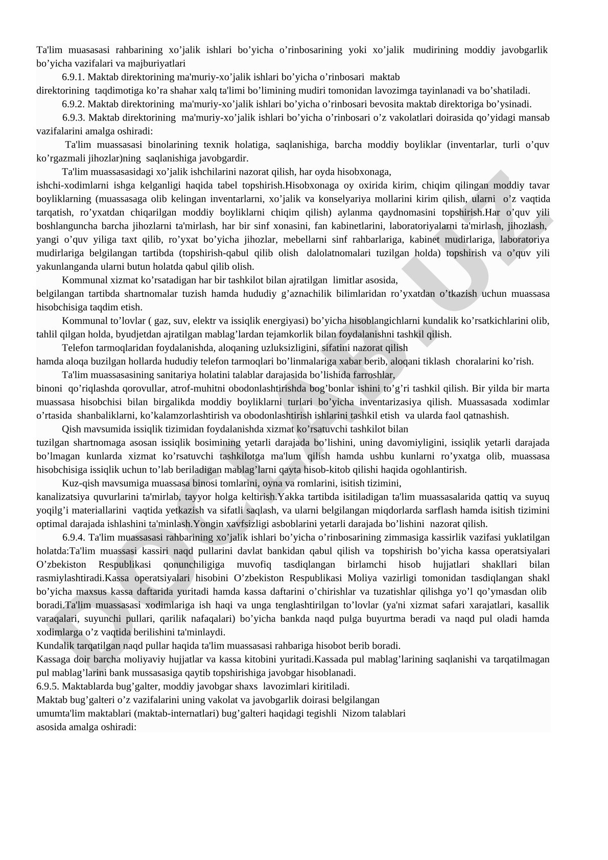 Maktab direktorining ma'muriy-xo'jalik ishlari bo'yicha o'rinbosarining moddiy javobgarlik vazifalari