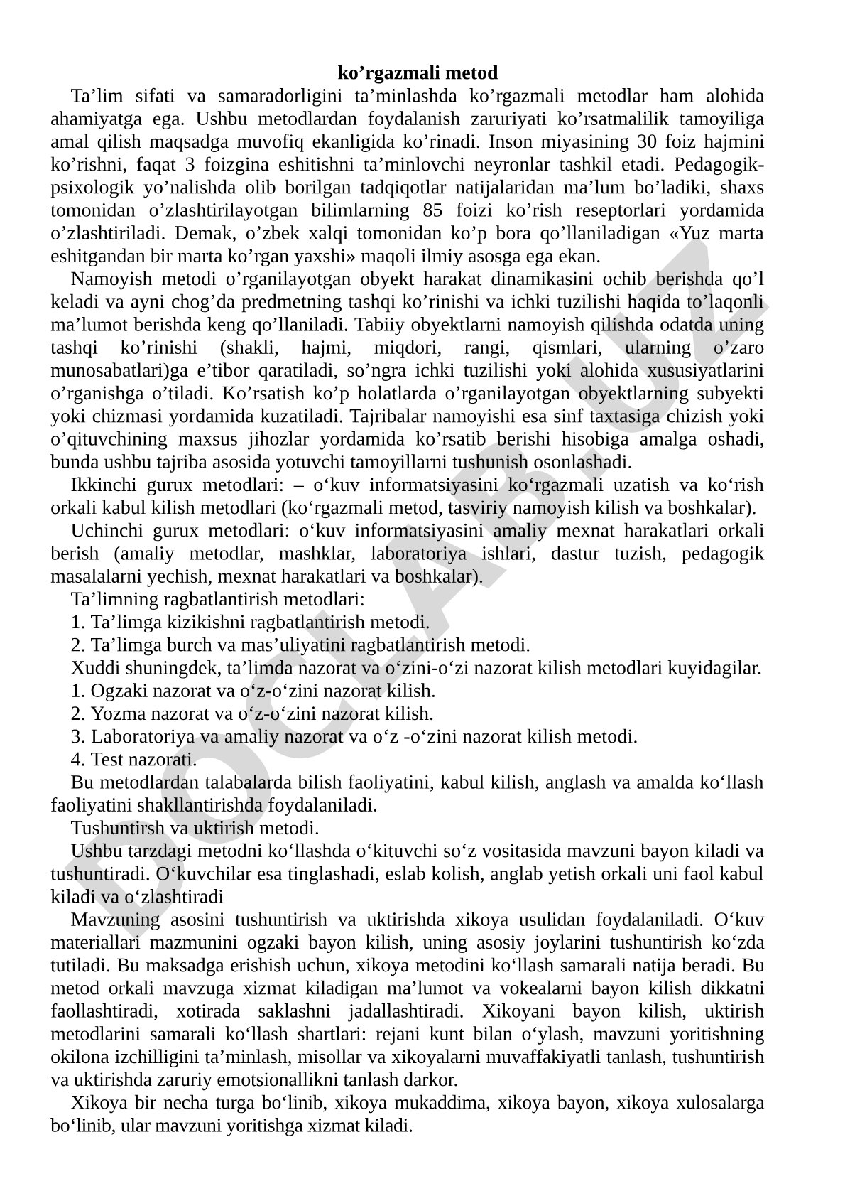Ko'rgazmali metodlarning ta'lim sifati va samaradorligidagi ahamiyati