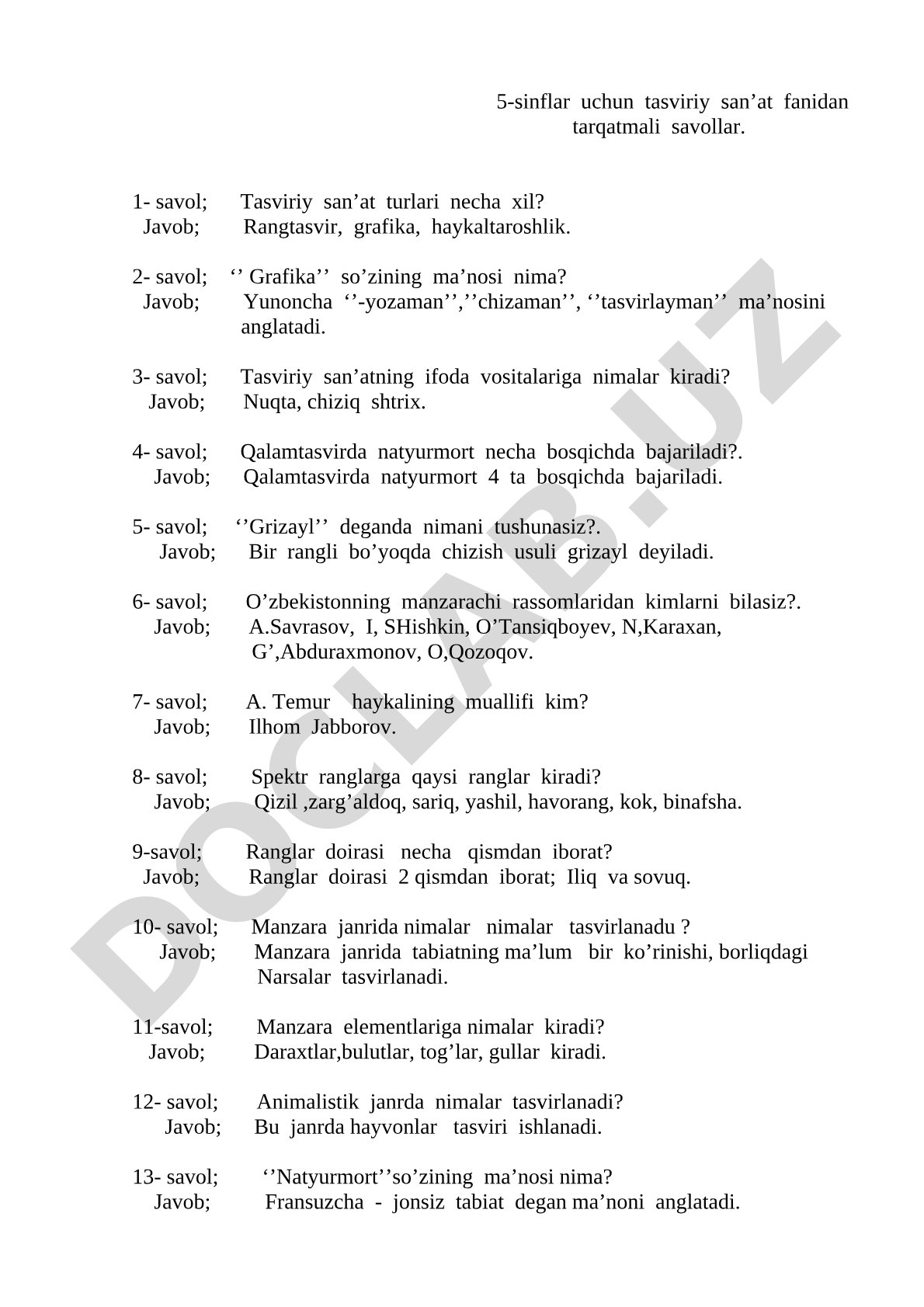 5-sinflar uchun tasviriy san’at fanidan tarqatmali savollar