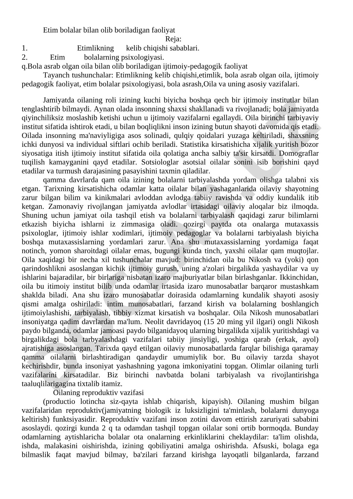 Etim bolalar bilan olib boriladigan faoliyat rejasi