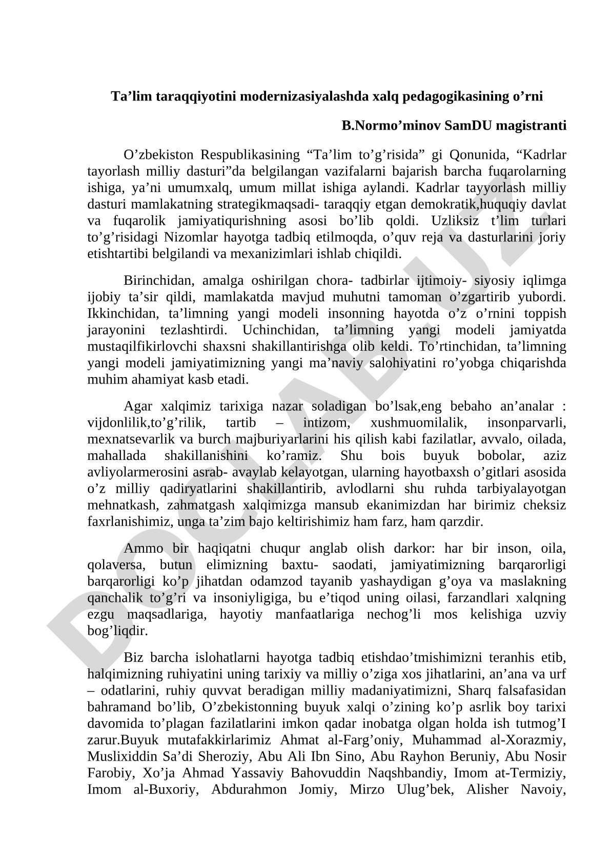 Ta'lim taraqqiyotini modernizasiyalashda xalq pedagogikasining o'rni