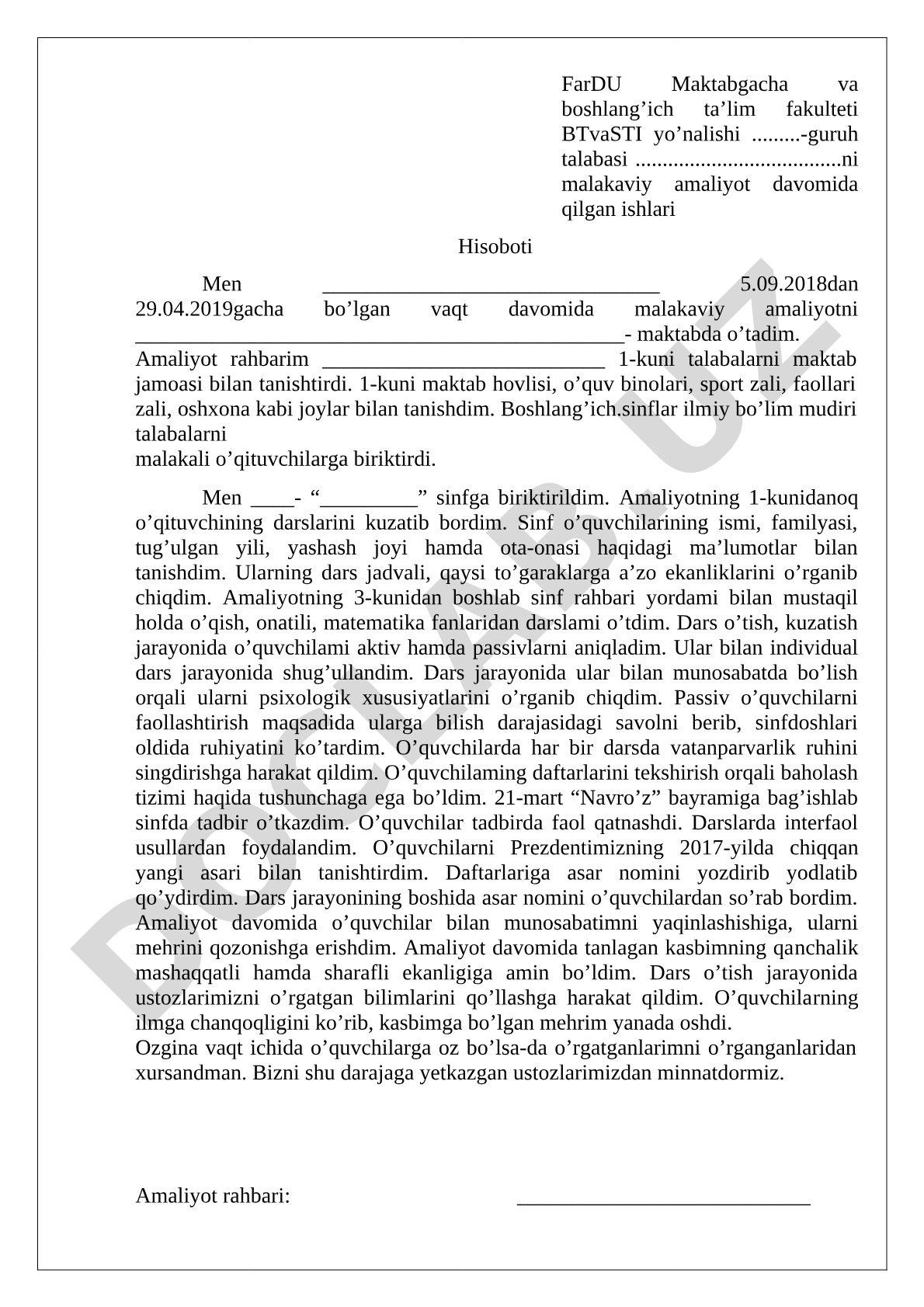 Malakaviy amaliyot hisoboti