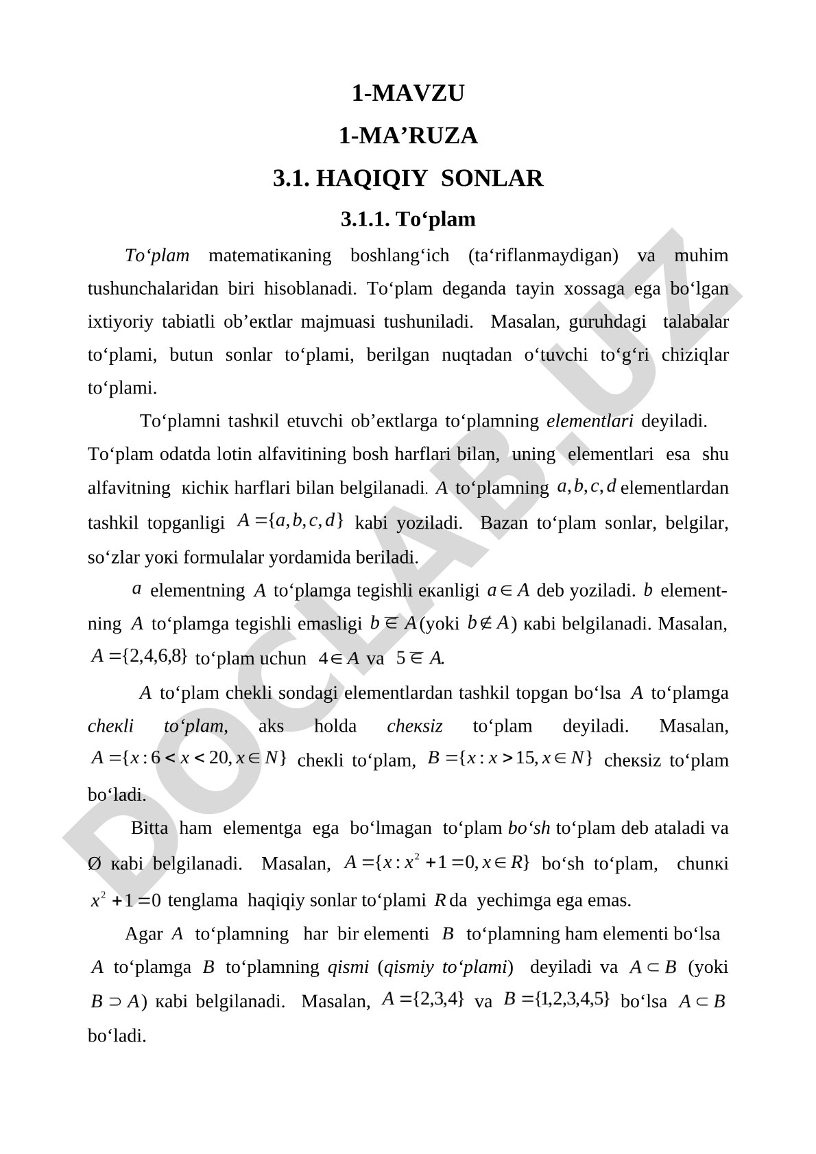 Haqiqiy sonlar va to'plam tushunchasi