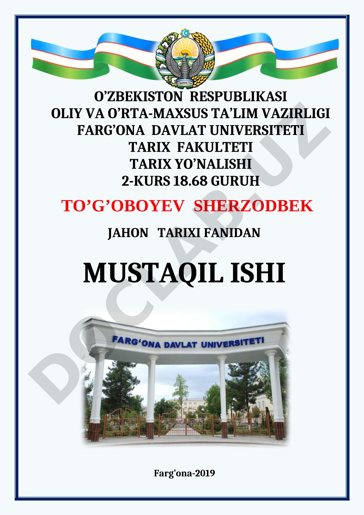 Jahon tarixi fanidan mustaqil ish