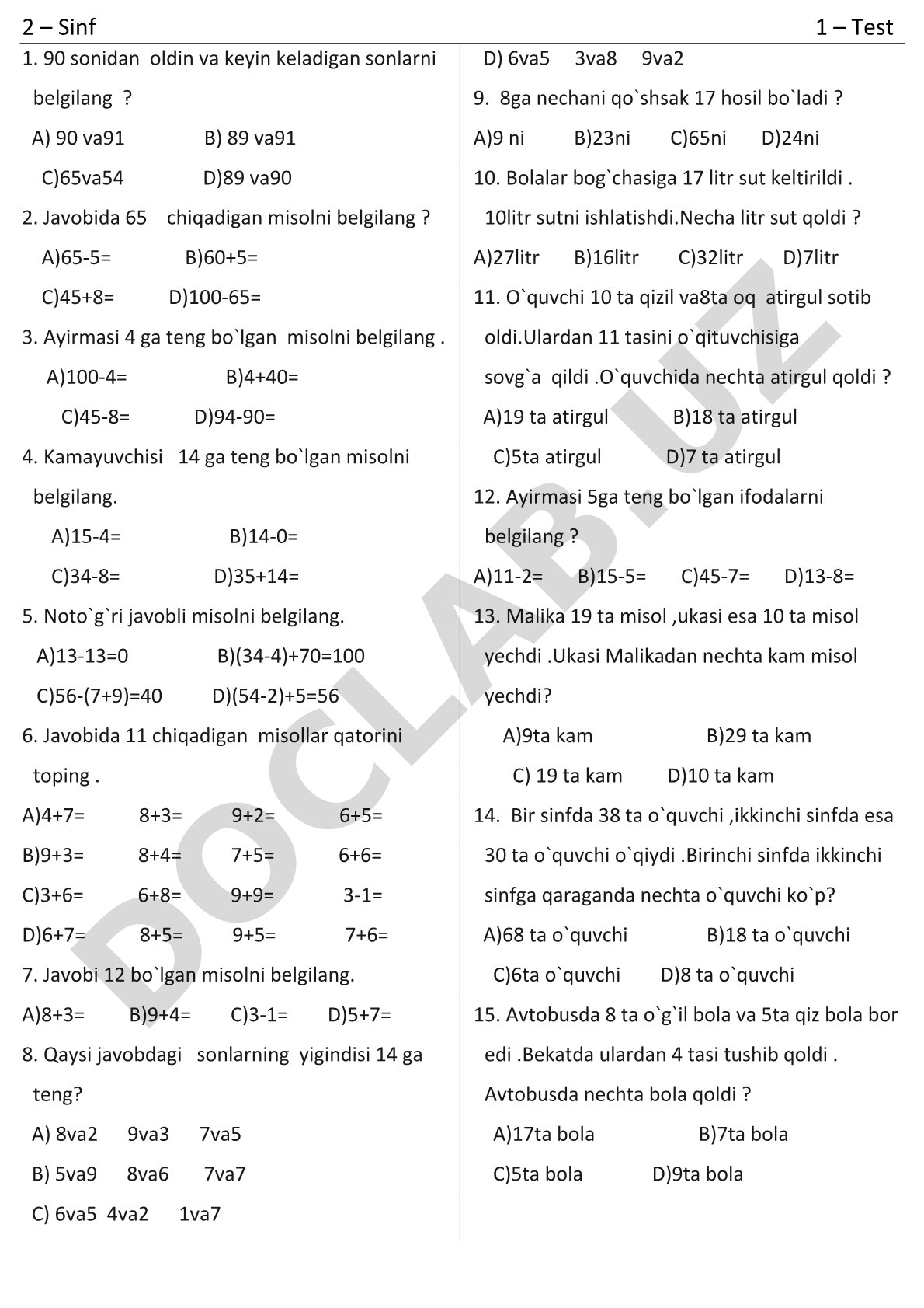 2-sinf matematika test