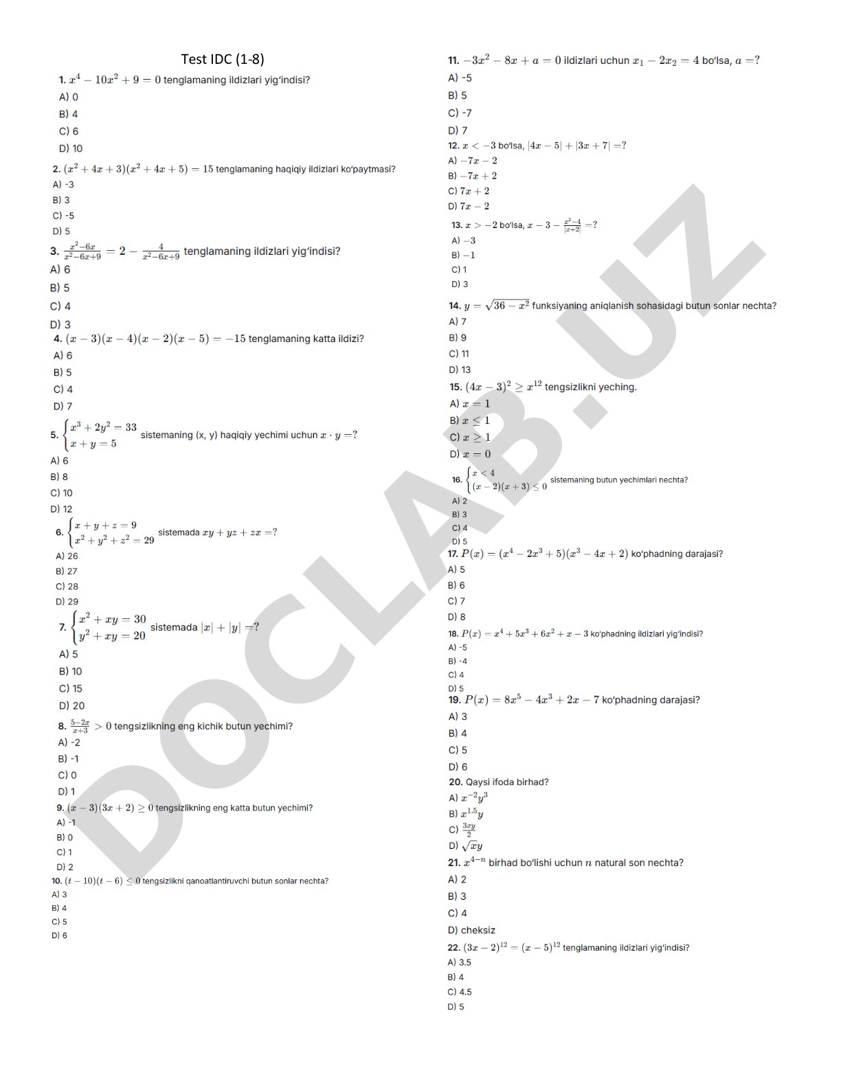 Test IDC (1-8) matematik tenglamalar va tengsizliklar