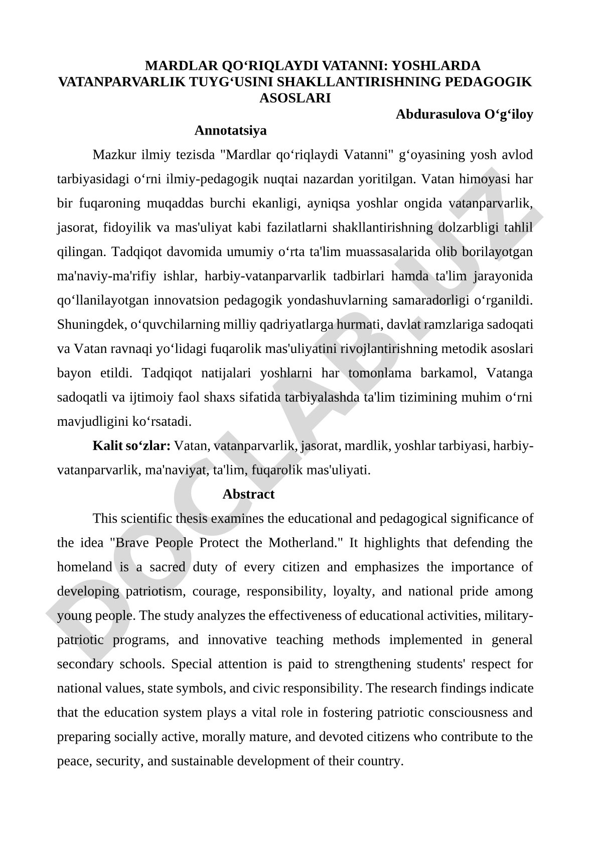 Mardlar qo‘riqlaydi Vatanni: yoshlarda vatanparvarlik tuyg‘usini shakllantirishning pedagogik asoslari