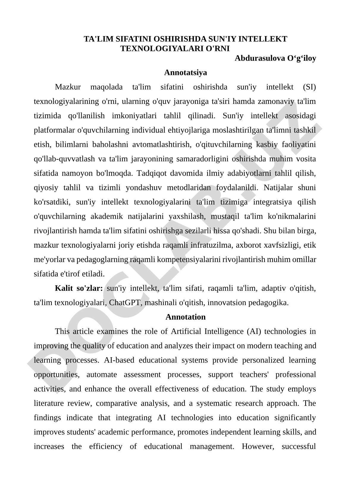 TA'LIM SIFATINI OSHIRISHDA SUN'IY INTELLEKT TEXNOLOGIYALARI O'RNI