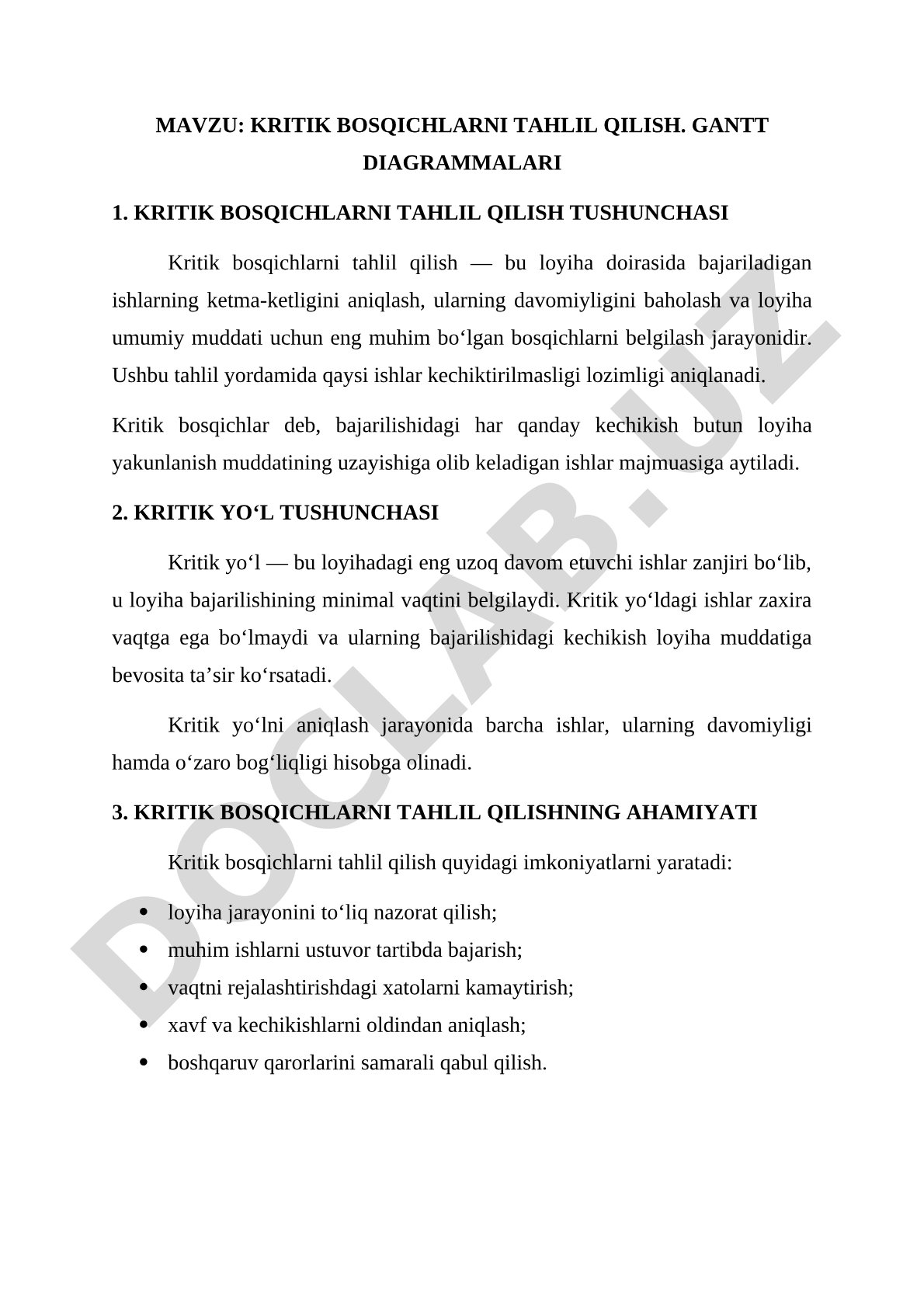 Kritik bosqichlarni tahlil qilish. Gantt diagrammalari