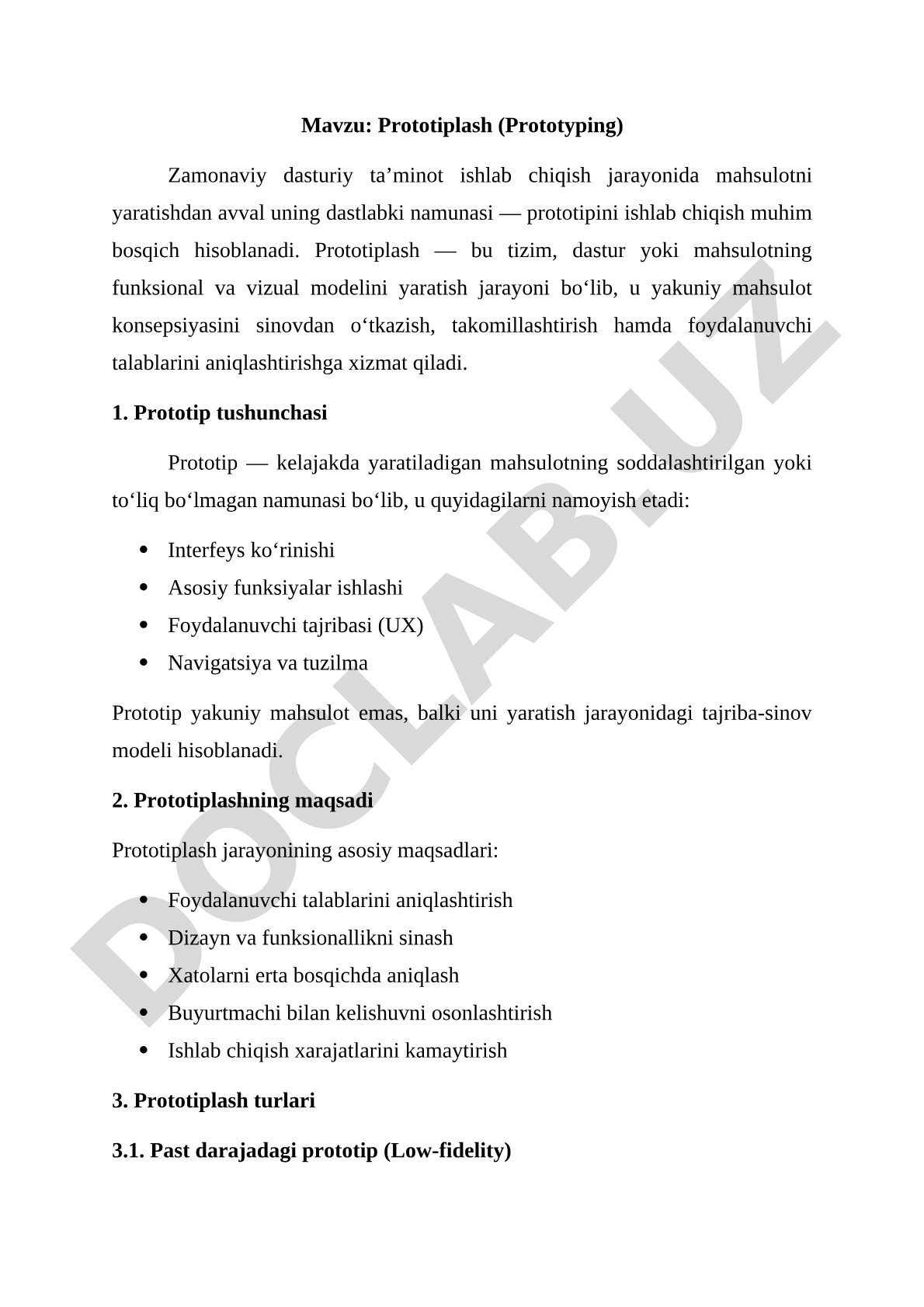 Prototiplash tushunchasi, maqsadi, turlari va afzalliklari haqida ma'lumot