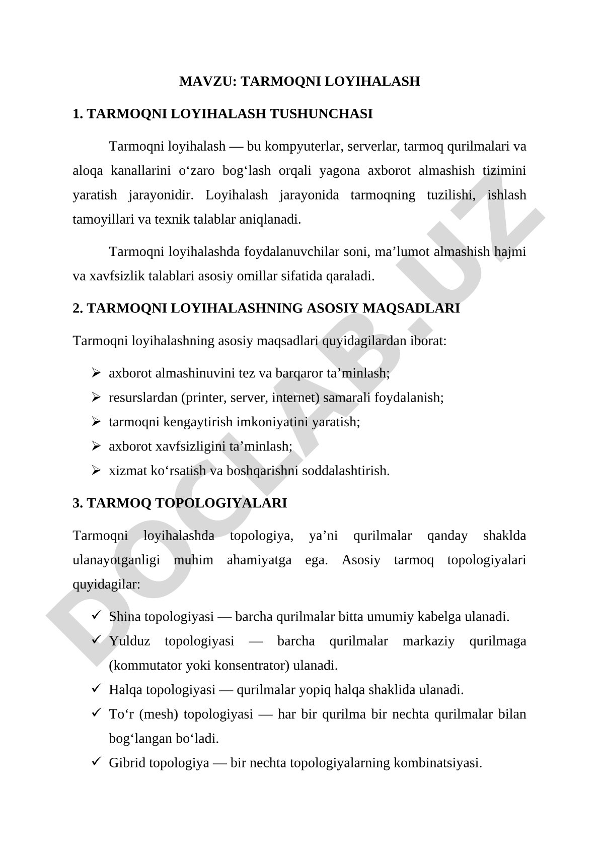 Tarmoqni loyihalash tushunchasi, maqsadlari va topologiyalari haqida ma'lumot