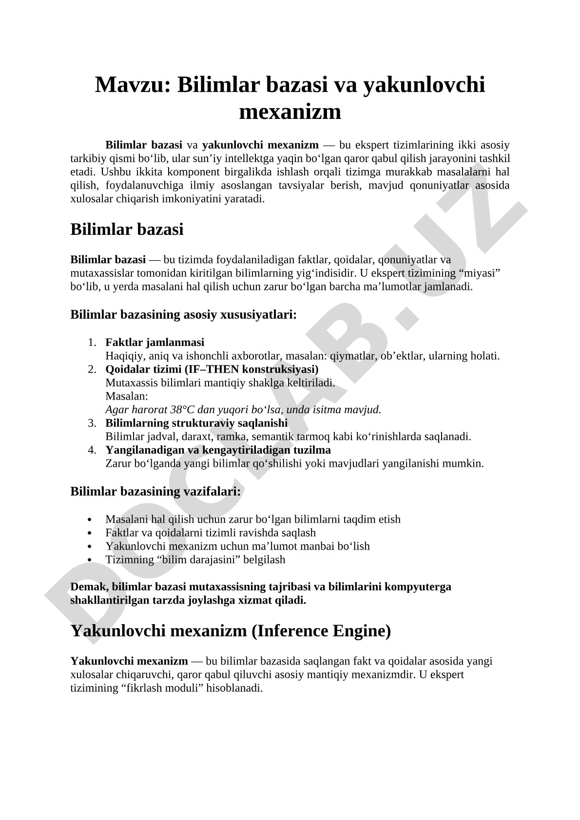 Bilimlar bazasi va yakunlovchi mexanizm