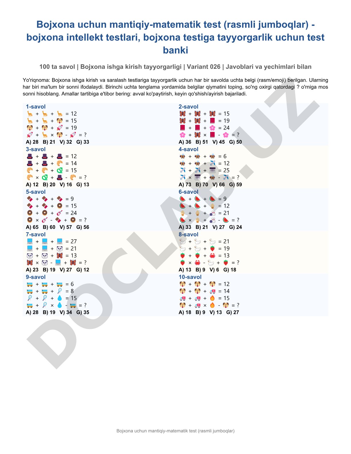 Bojxona uchun mantiqiy-matematik test (rasmli jumboqlar)