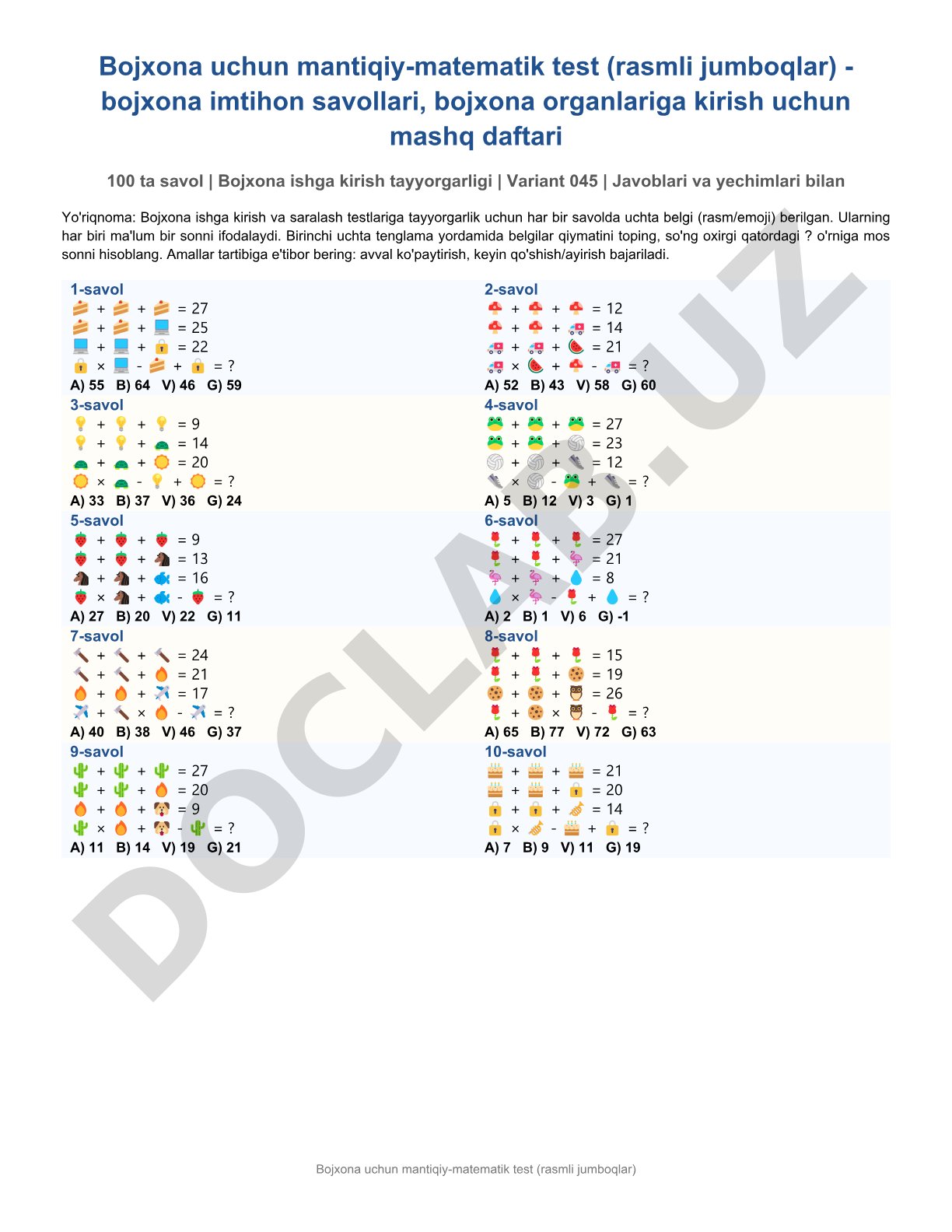 Bojxona uchun mantiqiy-matematik test (rasmli jumboqlar)