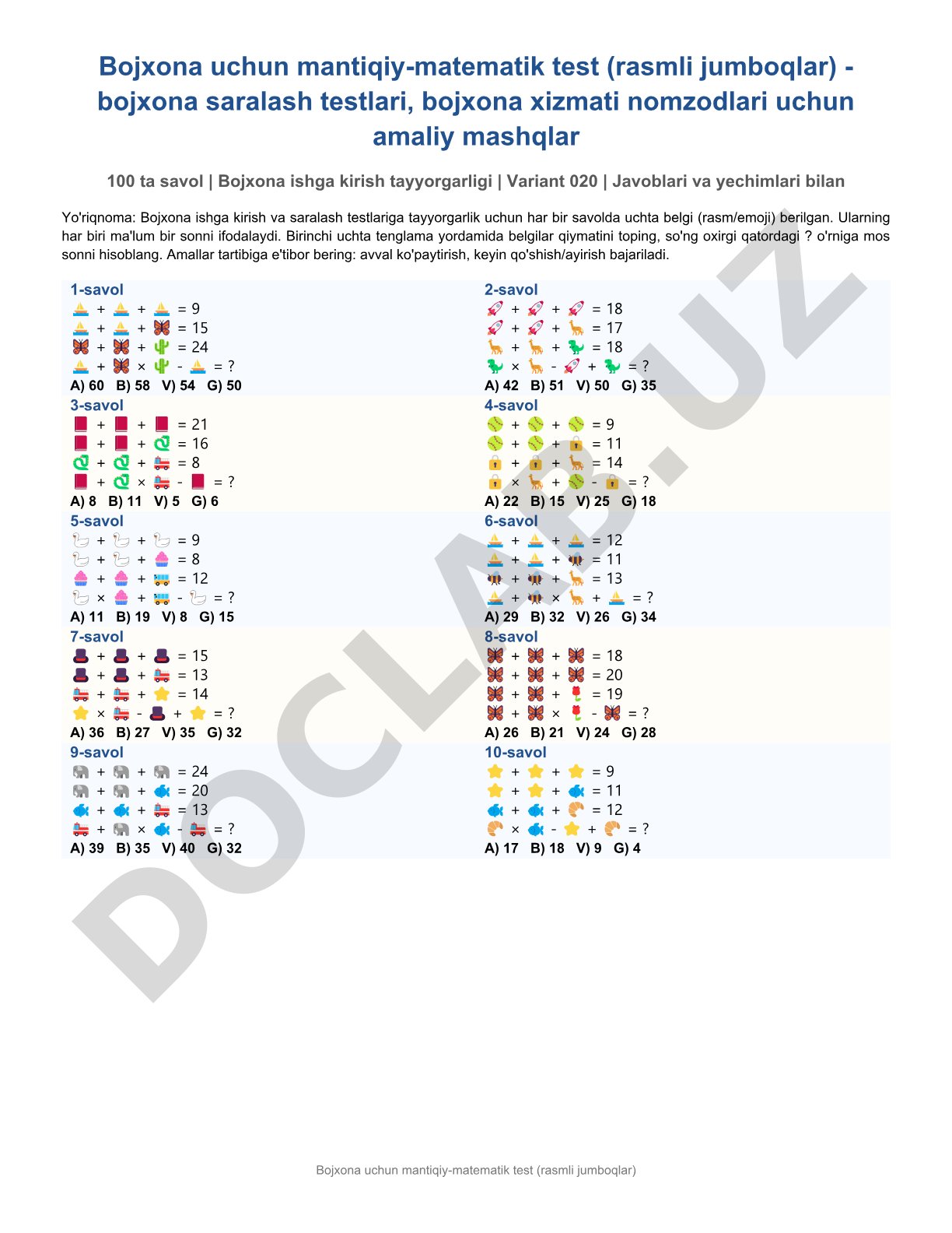 Bojxona uchun mantiqiy-matematik test (rasmli jumboqlar)