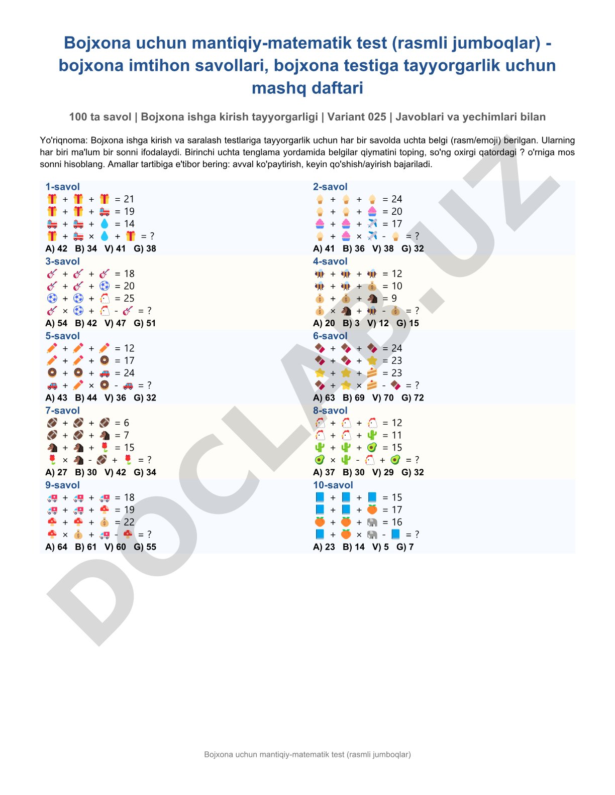 Bojxona uchun mantiqiy-matematik test (rasmli jumboqlar)