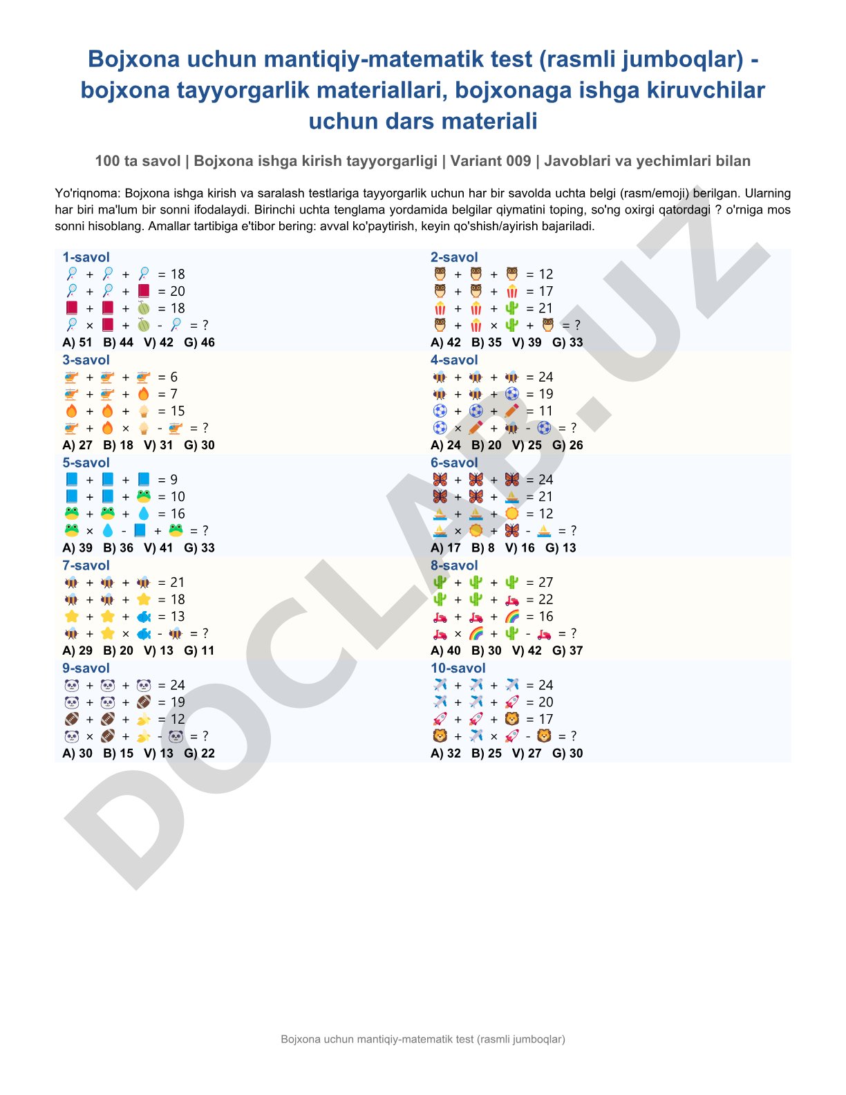 Bojxona uchun mantiqiy-matematik test (rasmli jumboqlar)