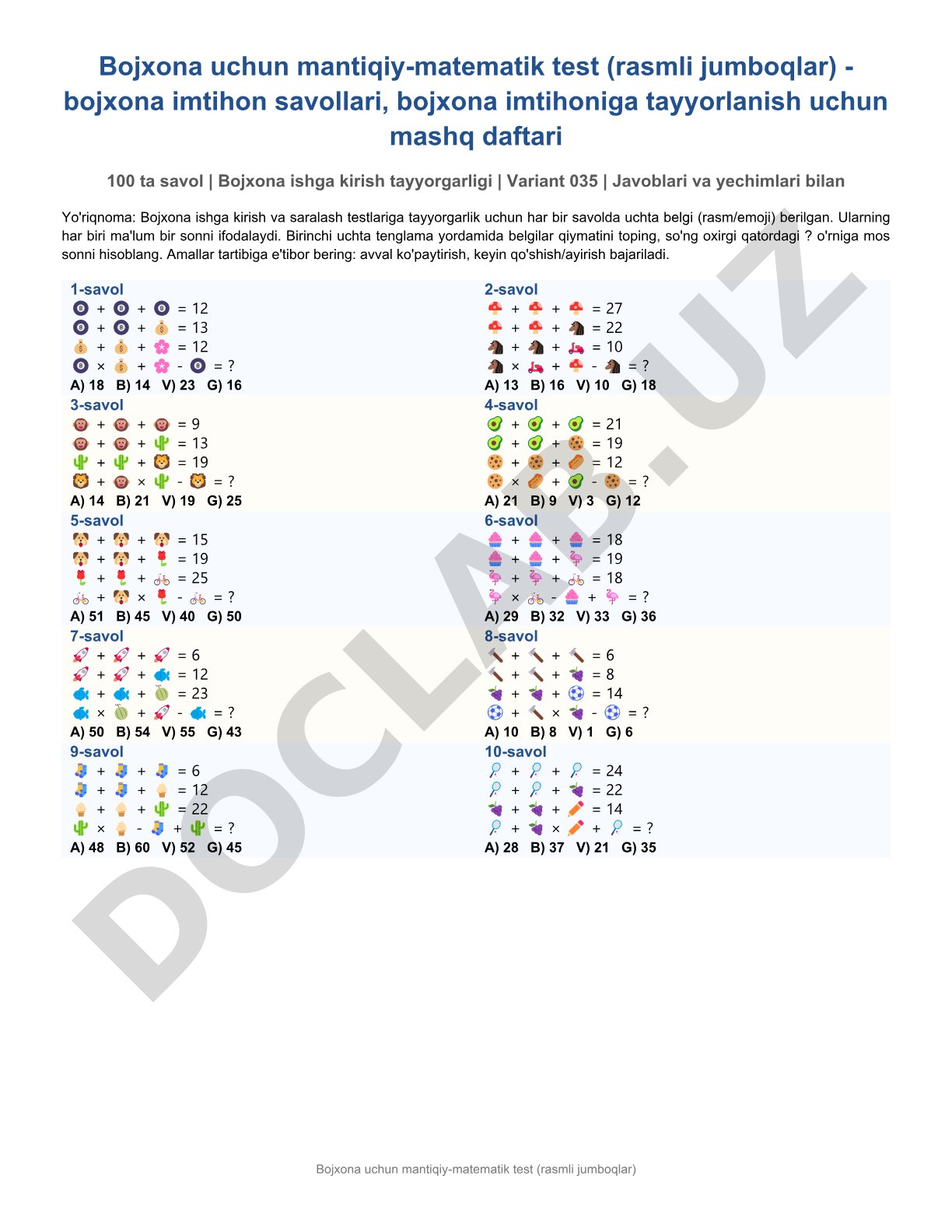 Bojxona imtihoni uchun mantiqiy-matematik test