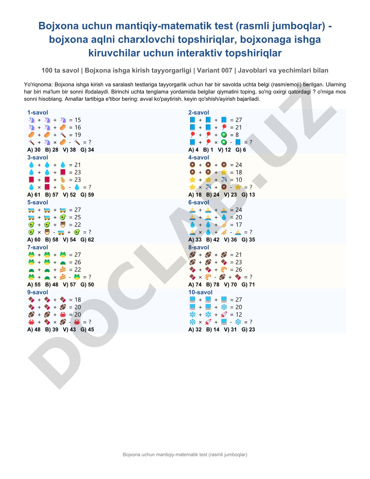 Bojxona uchun mantiqiy-matematik test (rasmli jumboqlar)