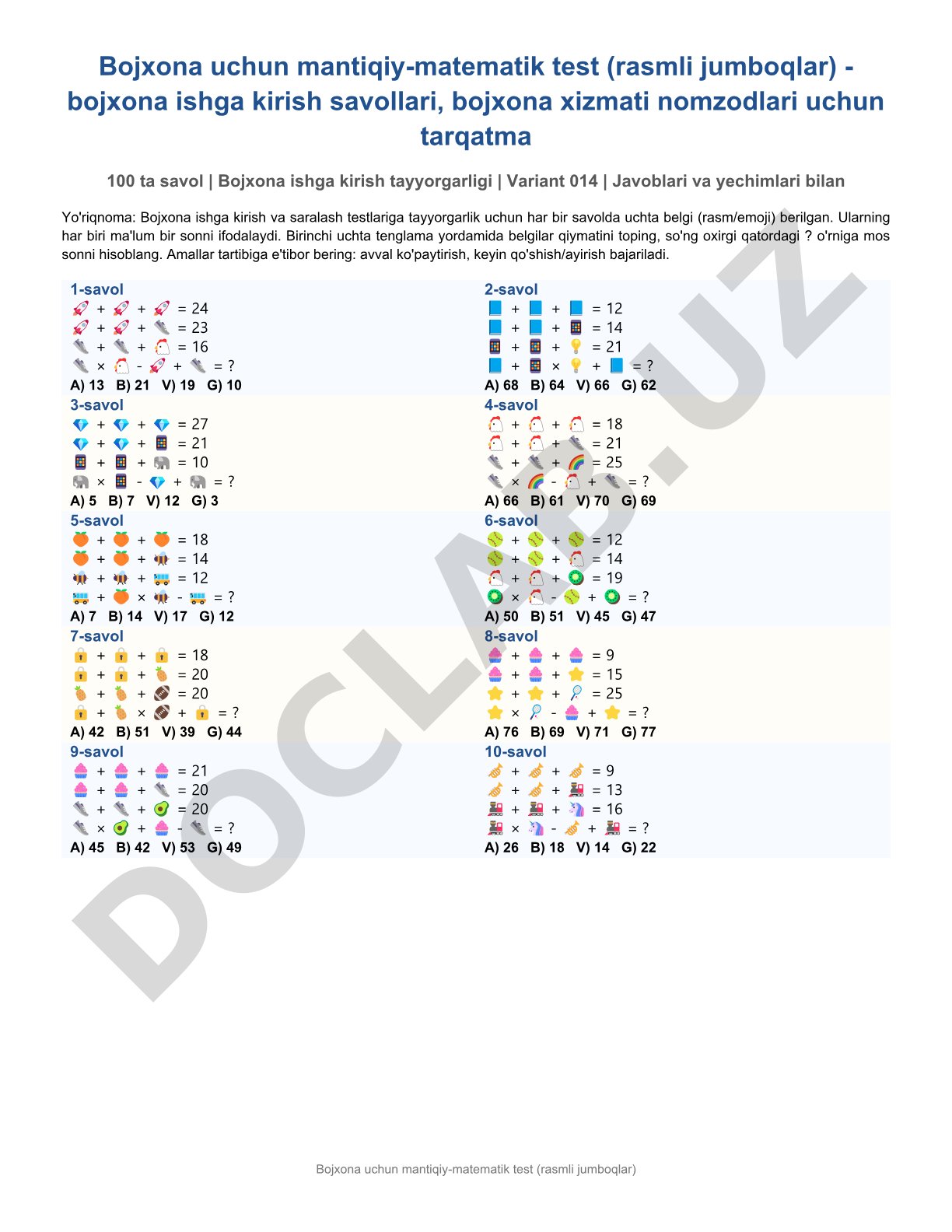 Bojxona uchun mantiqiy-matematik test (rasmli jumboqlar)