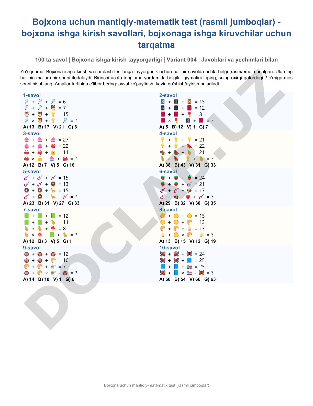 Bojxona uchun mantiqiy-matematik test (rasmli jumboqlar)