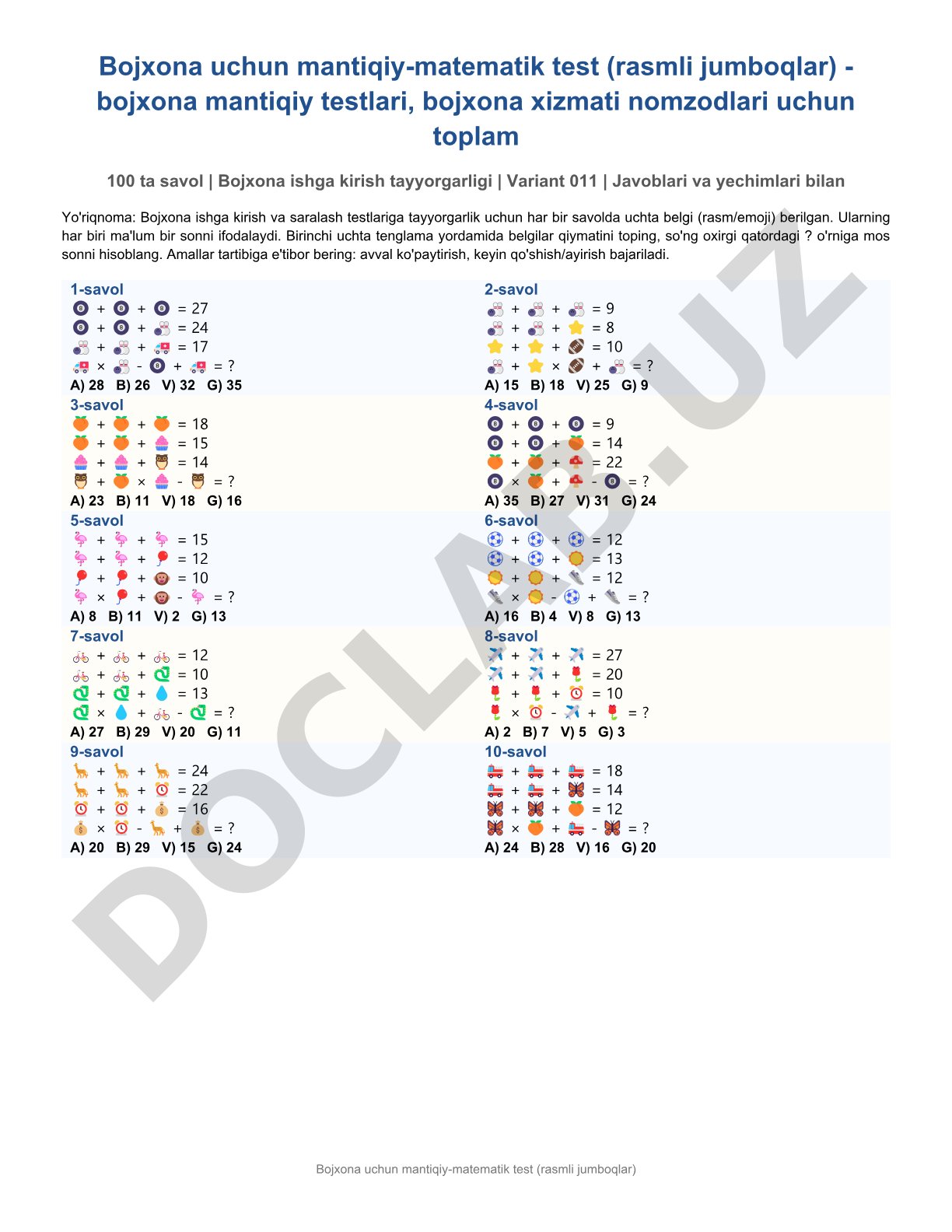 Bojxona uchun mantiqiy-matematik test (rasmli jumboqlar)