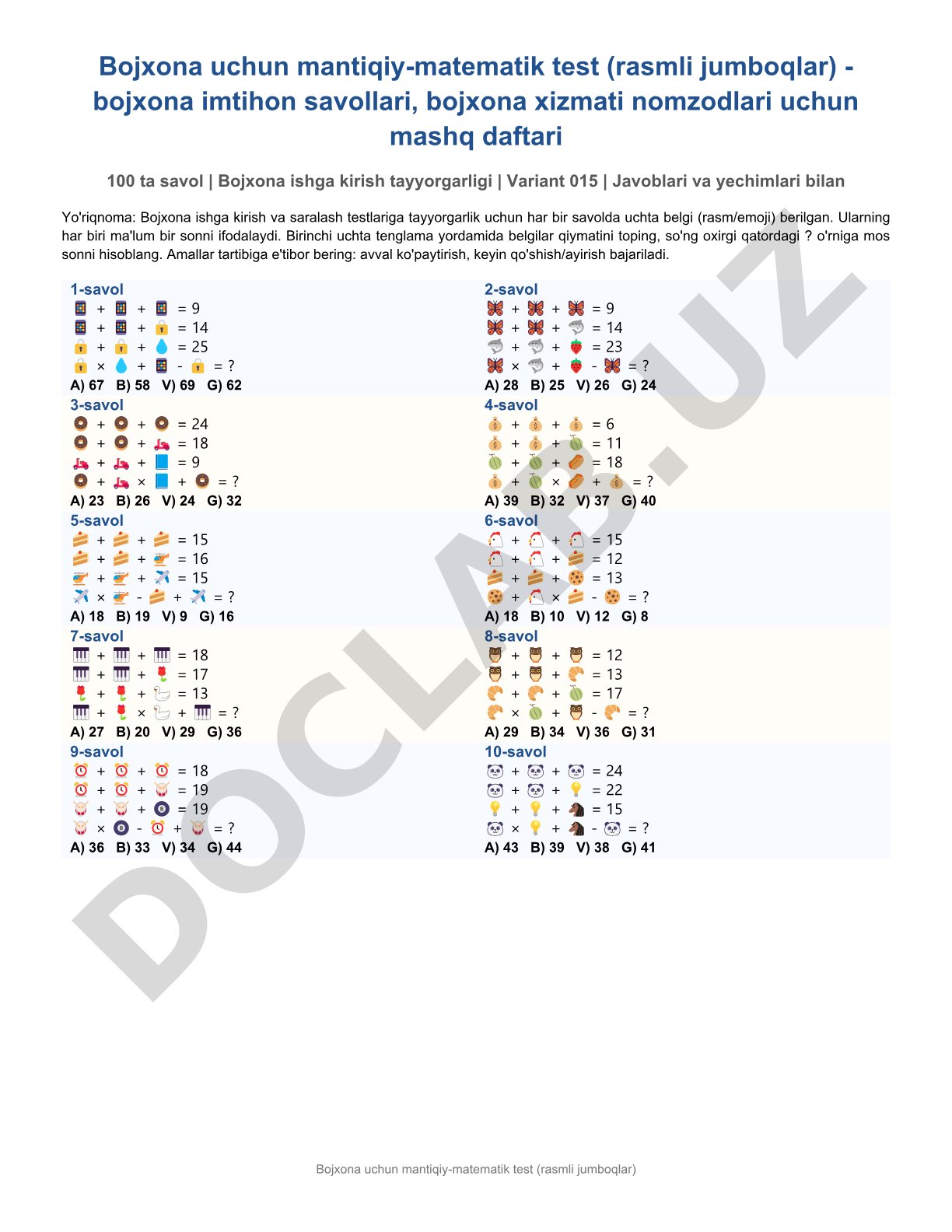 Bojxona imtihonlari uchun mantiqiy-matematik testlar