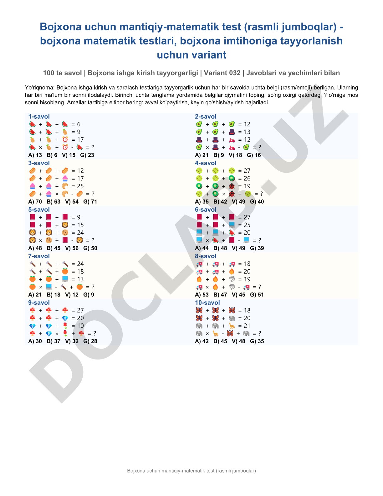 Bojxona uchun mantiqiy-matematik test (rasmli jumboqlar)